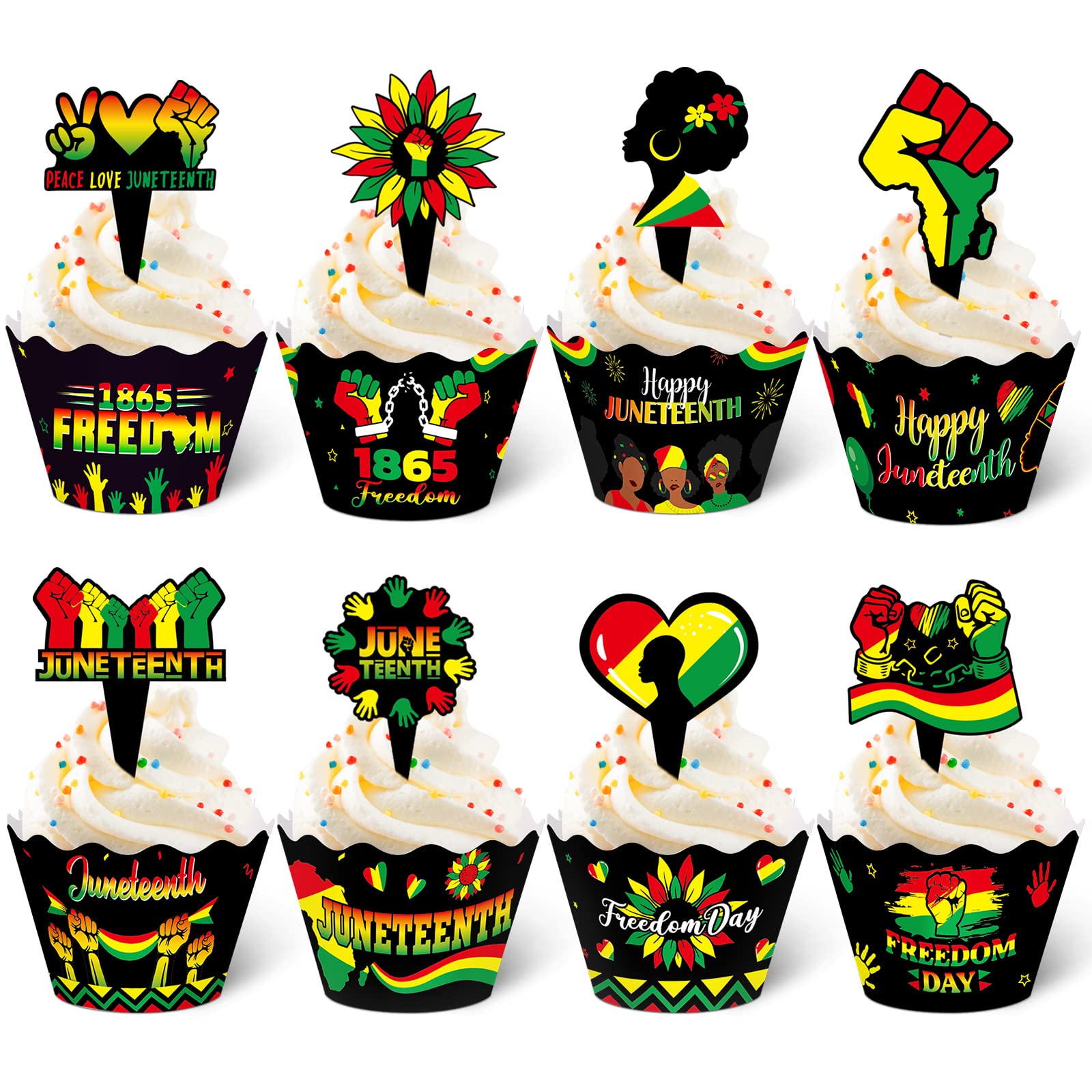 Mumufy 96 Pieces Juneteenth Cupcake Toppers Wrappers Happy Juneteenth Cupcake Decorations Freedom Independence Day Cake Topper Wrappers for Black History Month Freedom Day Party Decorations Supplies