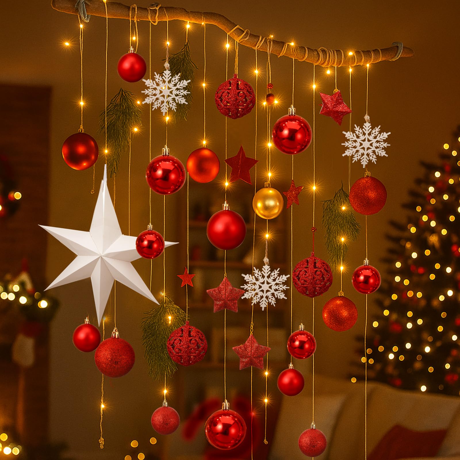 Halloscume Décoration murale de Noël à suspendre avec branche en bois clair - Décoration murale de Noël avec plantes artificielles - Décoration de cuisine et de salle à manger - Rouge