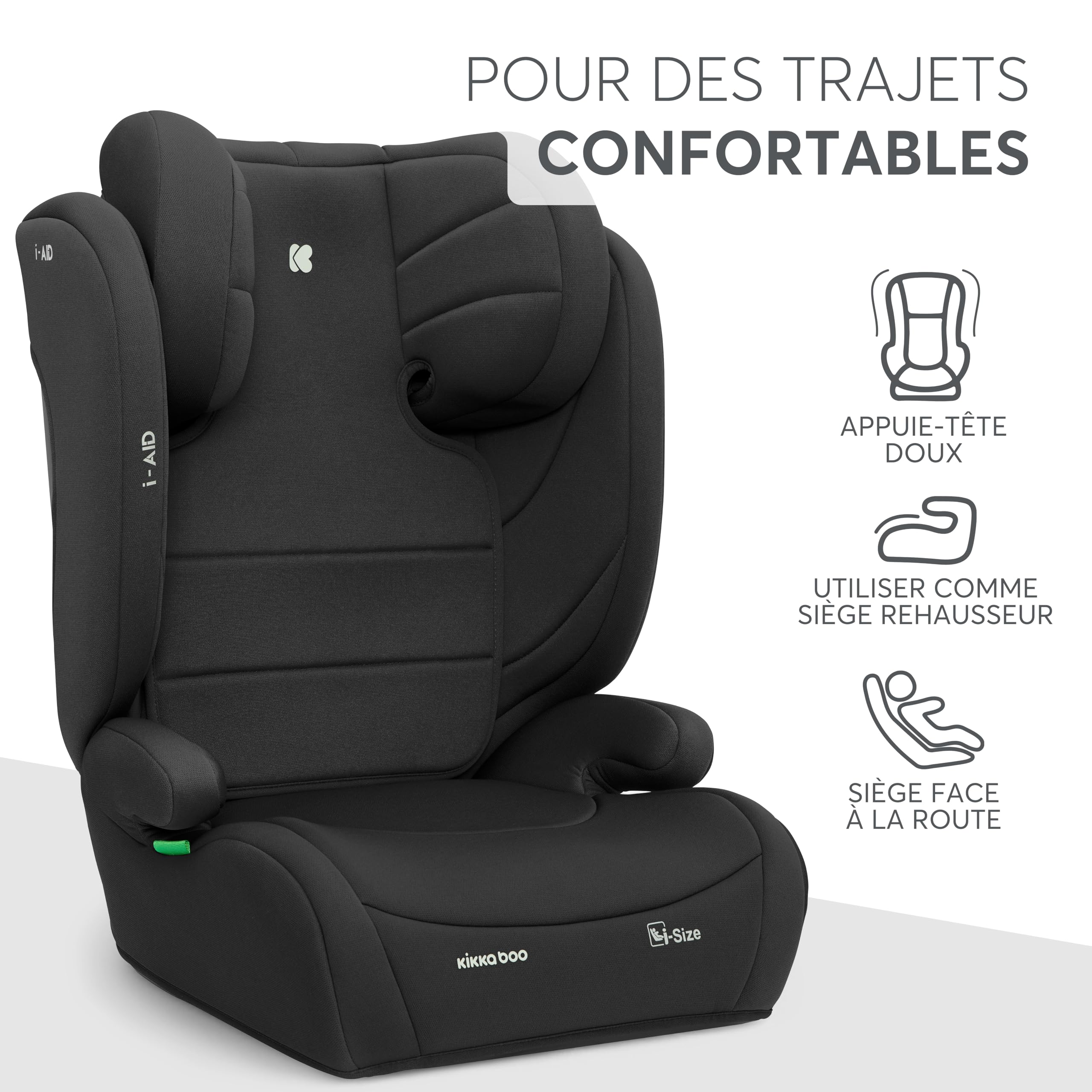 KikkaBoo Siège auto 15 à 36 kg i-AID, Siège Auto Enfant 100-150 cm, Groupe 2/3, Rehausseur à Dossier, Installation Ceinture, Appuie-tête Réglable 13 Positions, i-Size, Housse Lavable, Noir