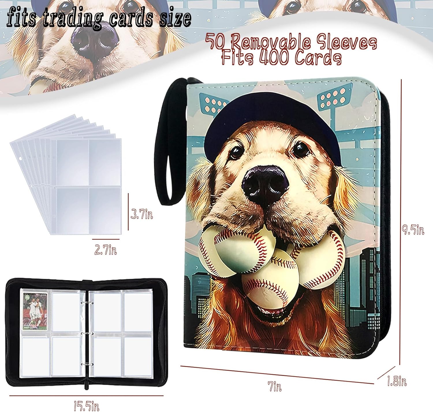 400 Pockets Baseball Card Binder, Trading Card Binder 4 Pocket with 50 Removable Sleeves Fits 400 Sport Cards, 3 Ring Card Holder Binder with Zipper, Collector Storage Album