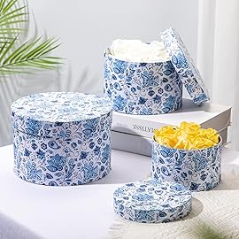 Briful Round Gift Boxes with Lids 4PCS Blue Flower Print Gift Box for Presents Nesting Assorted Sizes Present Boxes for Christmas Birthday Valentines Party Gift Wrap