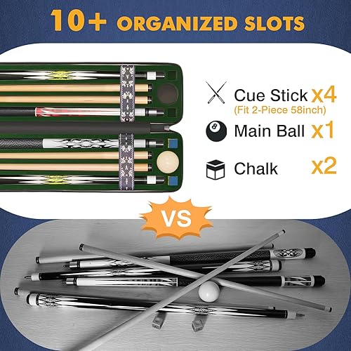 Miniatura 2 de Estuche para Taco de Billar, Funda Rígida para Taco de Billar 4x4 con 10 Ranuras Acolchadas, Bolsa de Billar Resistente con Mango de Cuero Suave y