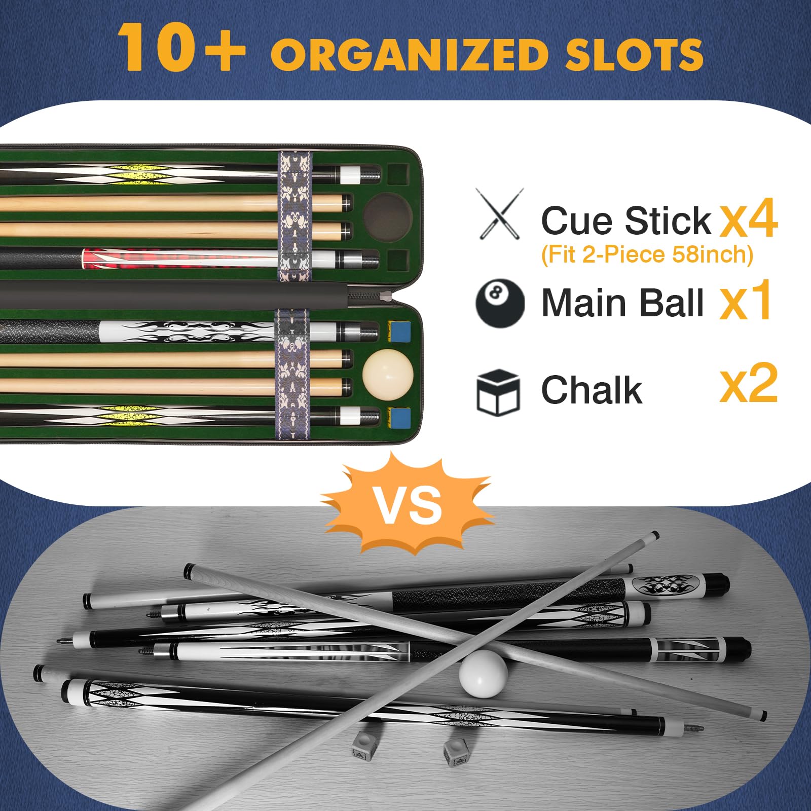 PEKREWS Pool Cue Case, Hard Shell Pool Stick Case 4x4 with 10 Padded Slots, Heavy-Duty Billiard Cue Bag with Soft Leather Handle and Shoulder Strap, Travel Snooker Stick Bag Carrier for Men and Women