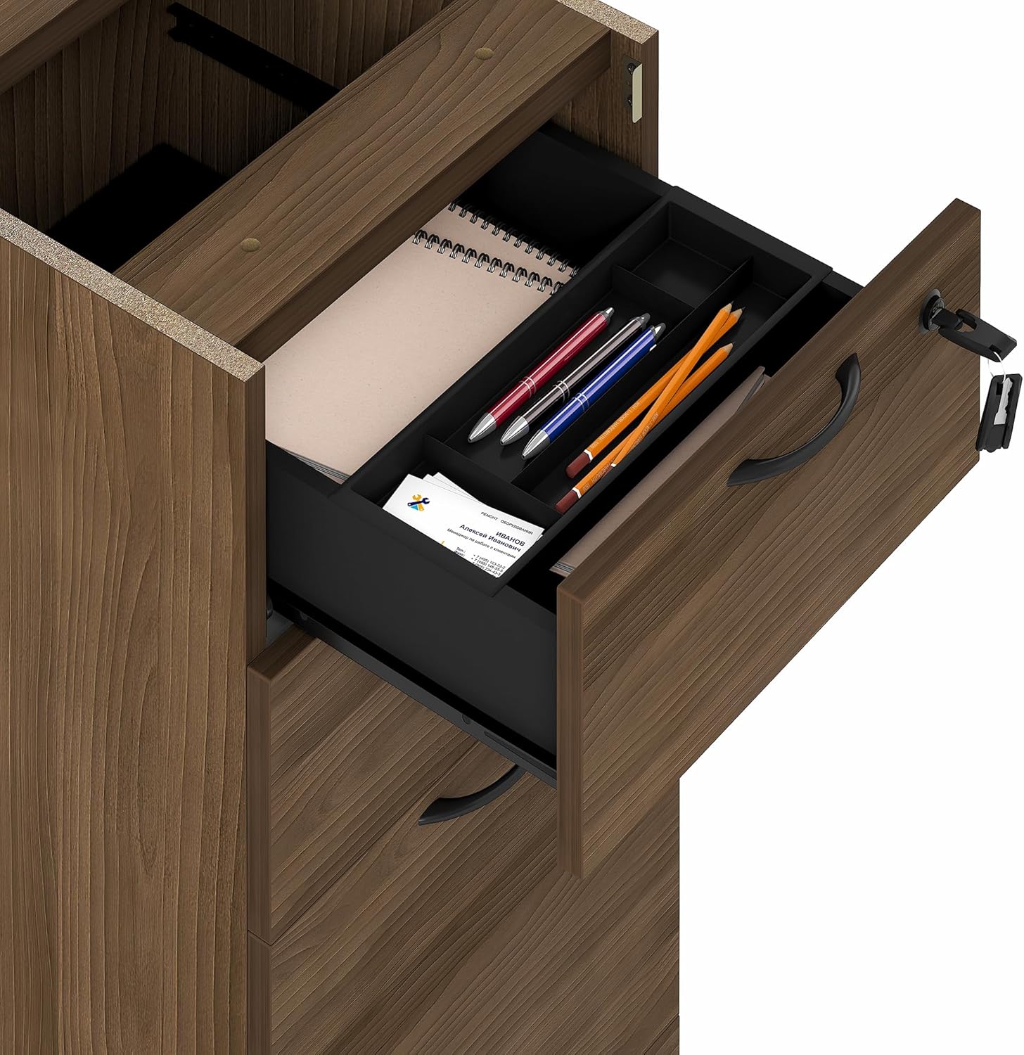 Furinno Roger File Cabinet, 3-Drawer Fixed Pedestal Filing Cabinet with Lock, Soft-Close Drawers with Drawer Organizer, for Home Office, Modern Walnut