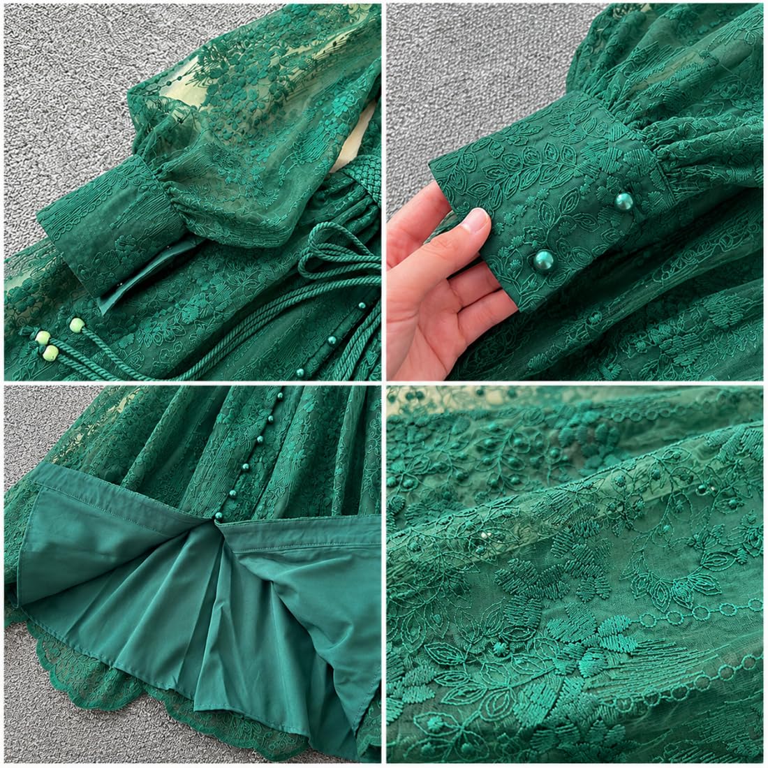Vestido Largo de Mujer Escote en V Encaje Floral Bordado Vintage Mangas Farol Vestido Largo romántico Boho Mangas abullonadas línea A Fluido Vestido invitada Boda Fiesta