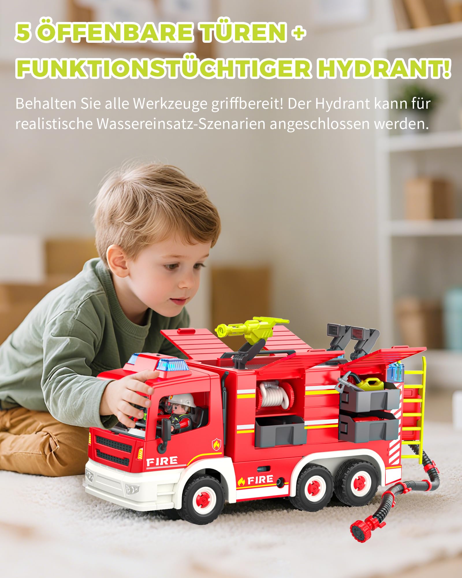 Coroiesty Feuerwehrauto Spielzeug ab 4 Jahre, Große Feuerwehrwagen mit 2 Feuerwehrleuten & Werkzeug, Licht & Sirene, pädagogisches Rettungsfahrzeug für Kinder Jungen Mädchen