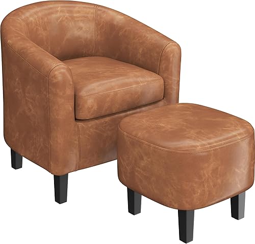 Miniatura 10 de Yaheetech Silla de club de cuero, silla decorativa de piel sintética, sillón moderno para sala de estar con patas de madera y asiento acolchado para