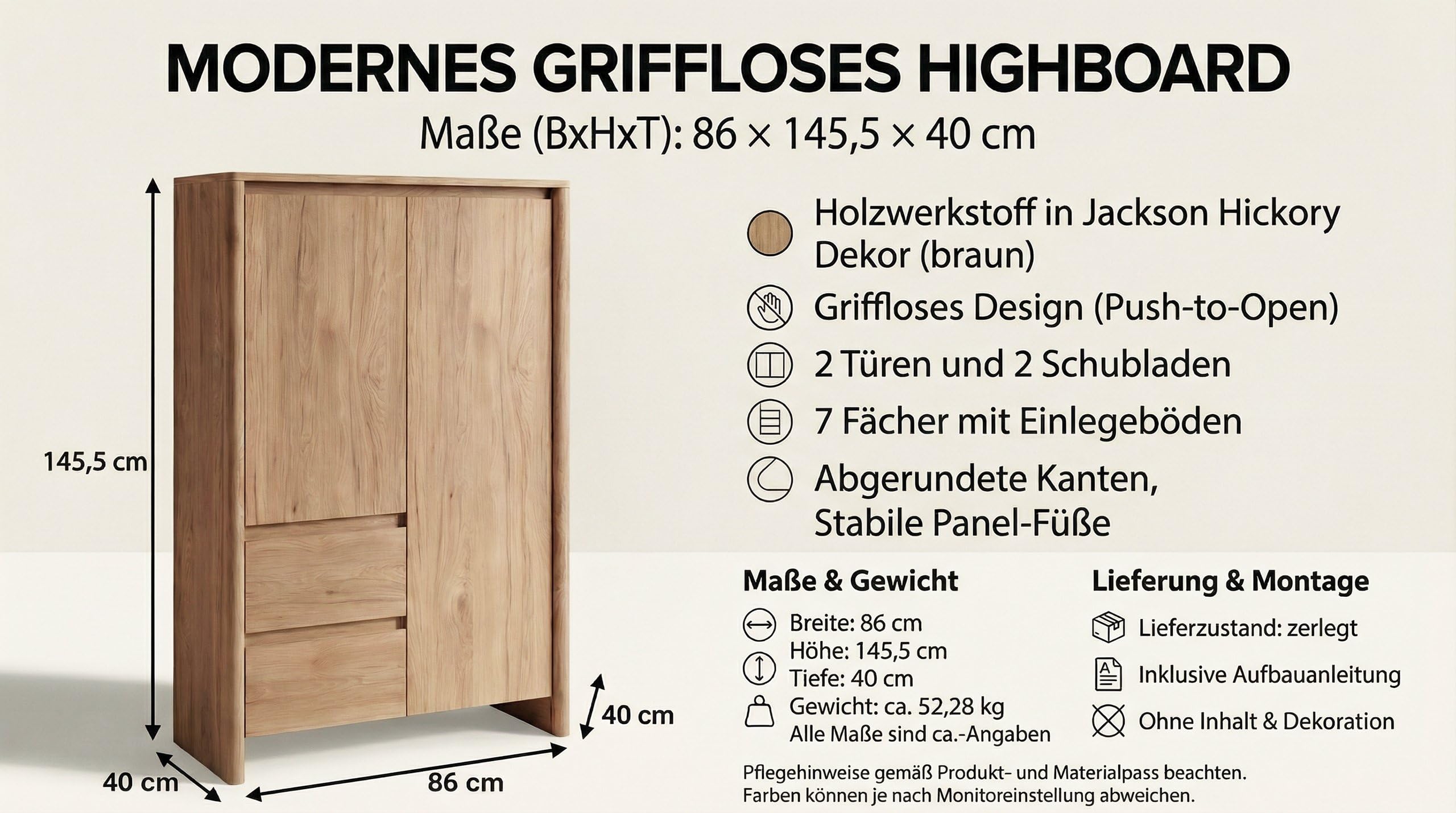 Newroom Highboard Wohnzimmer Wildeiche braun grifflos Hochschrank | Push-to-Open, 2 Türen 2 Schubladen, 7 Fächer mit Einlegeböden, Sideboard Kommode, Wohnzimmermöbel, Japandi Stauraum