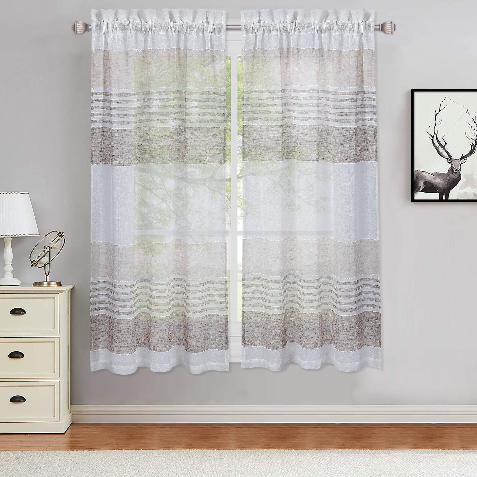 LinTimes Short Sheer Curtains, Striped Splicing Polyester Textured Kitchen Tier Curtains Cafe Curtains Window Treatment Set, 27" x 45", 2 Panels