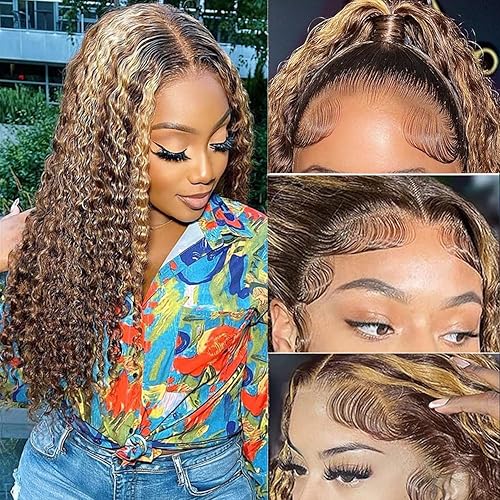 htsly Highlight Ombre Lace Front Wig Human Hair Honey Blonde Water Wave Wig 13x6 HD Lace Frontal Wigs 427 Wet and Wavy Deep Curly Wigs for Black