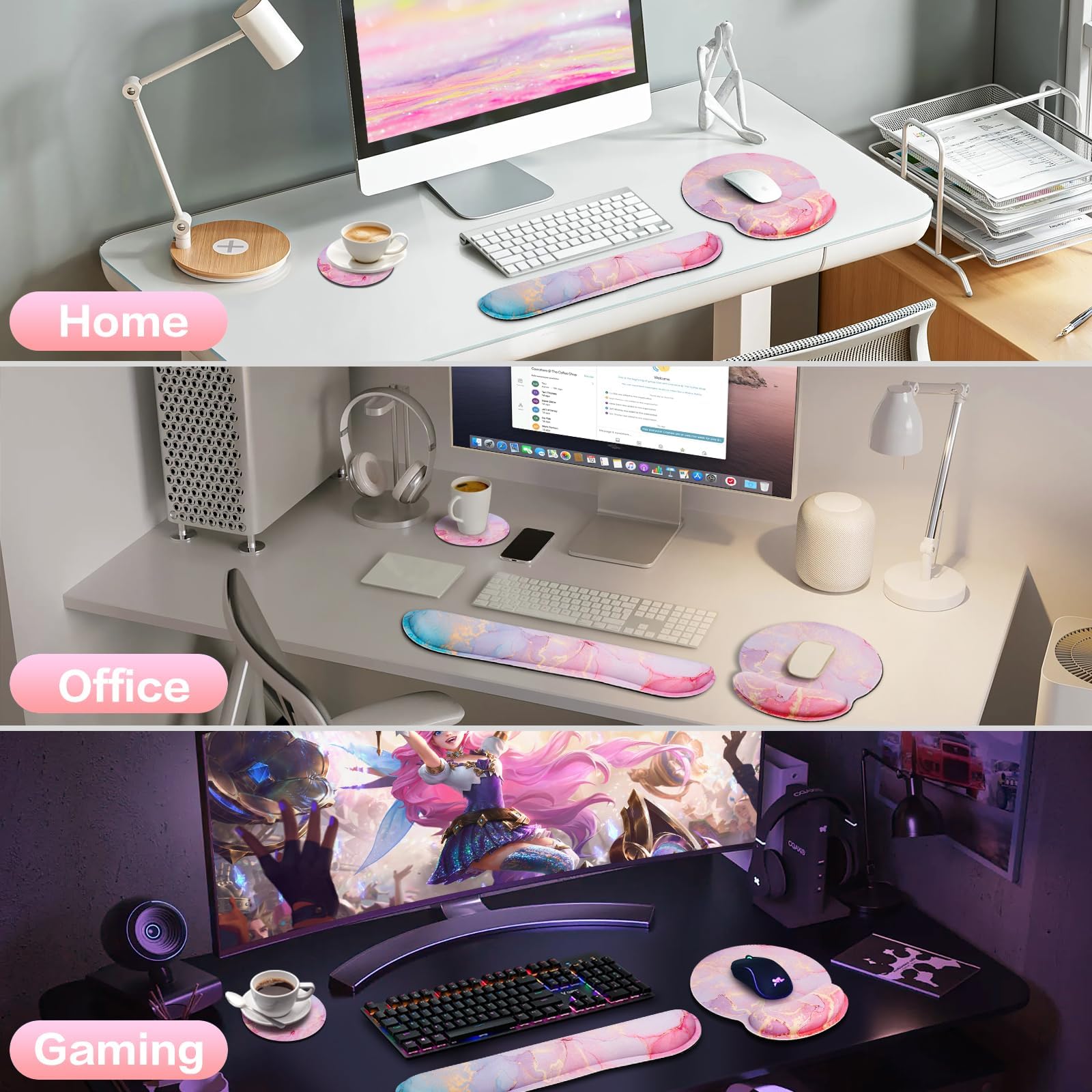 3-En-1 Almohadilla Ratón De Conjunto,Mouse Pad+Reposamuñecas Teclado+Posavasos,Ergonómica Alfombra Raton Ordenador Antideslizante,Almohadilla Raton Analgésica Para Juegos,Hogares,Oficinas