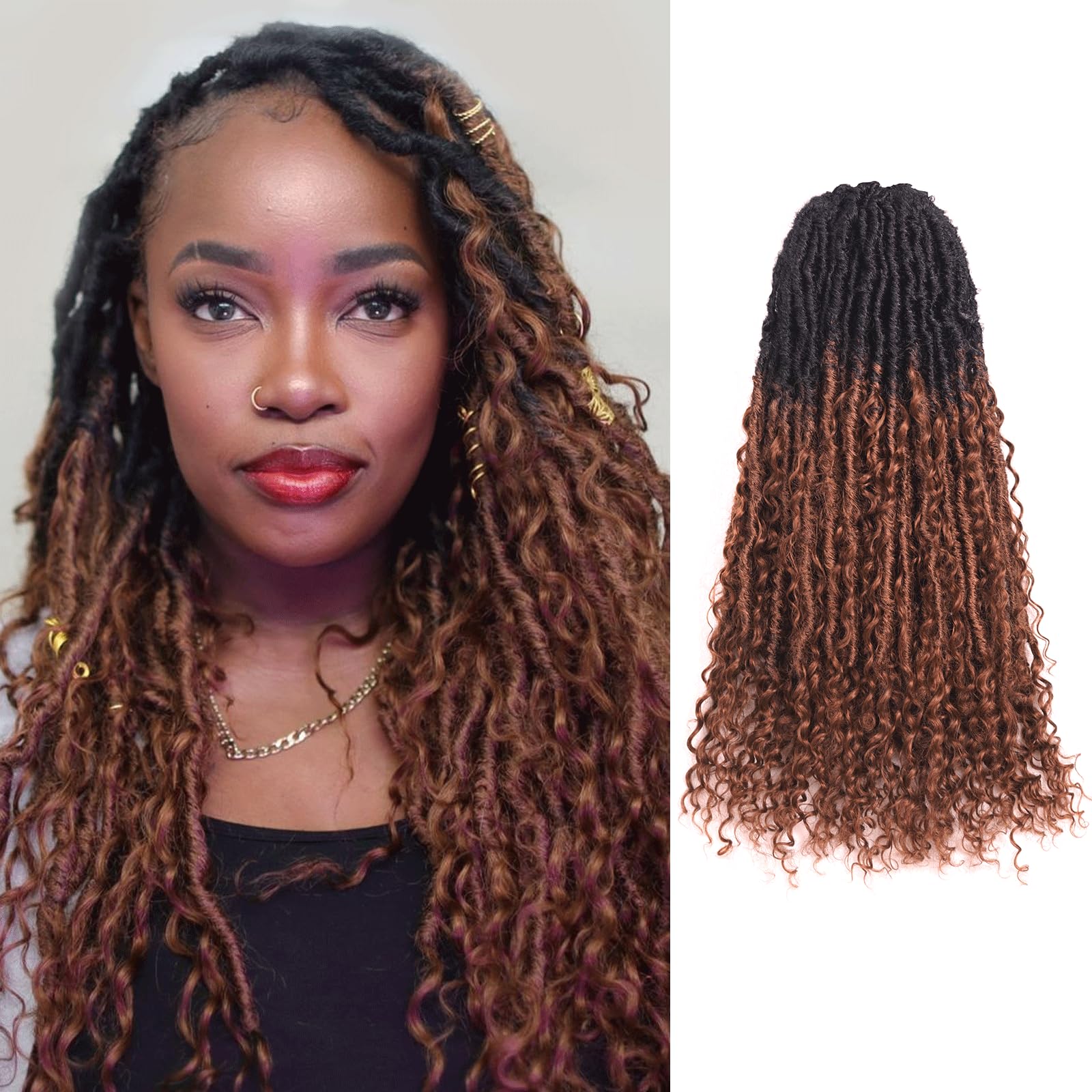 Toyotress Boho Human Hair Locs - 24 Inch 8 Packs Pre-Looped Crochet Hair For Black Women, Ombre Brown Long Faux Locs With Human Hair Curls Braiding