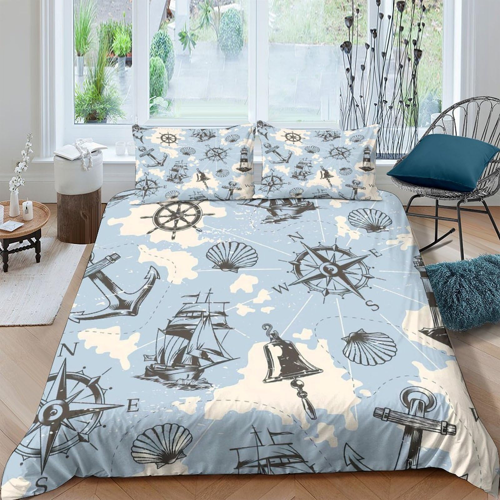 Ctjqhvkz Style-3 3D Printed Nautical Anchor Fitted Sheet Microfiber Soft Breathable Ship Wheel Bed Cover For Bedroom Guest Room Decor Single（135X200cm）