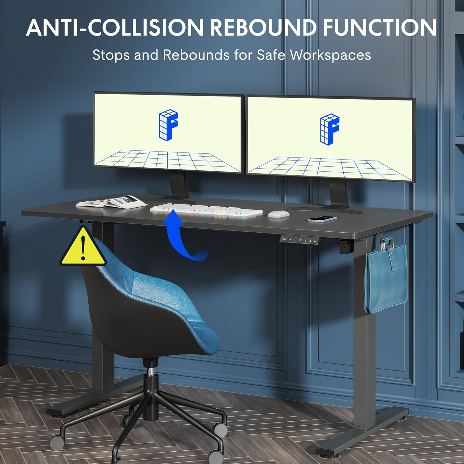 Image demonstrating the anti-collision rebound function of the FLEXISPOT Lite Electric Standing Desk, showing the desk stopping and reversing when an obstruction (like a chair) is detected.