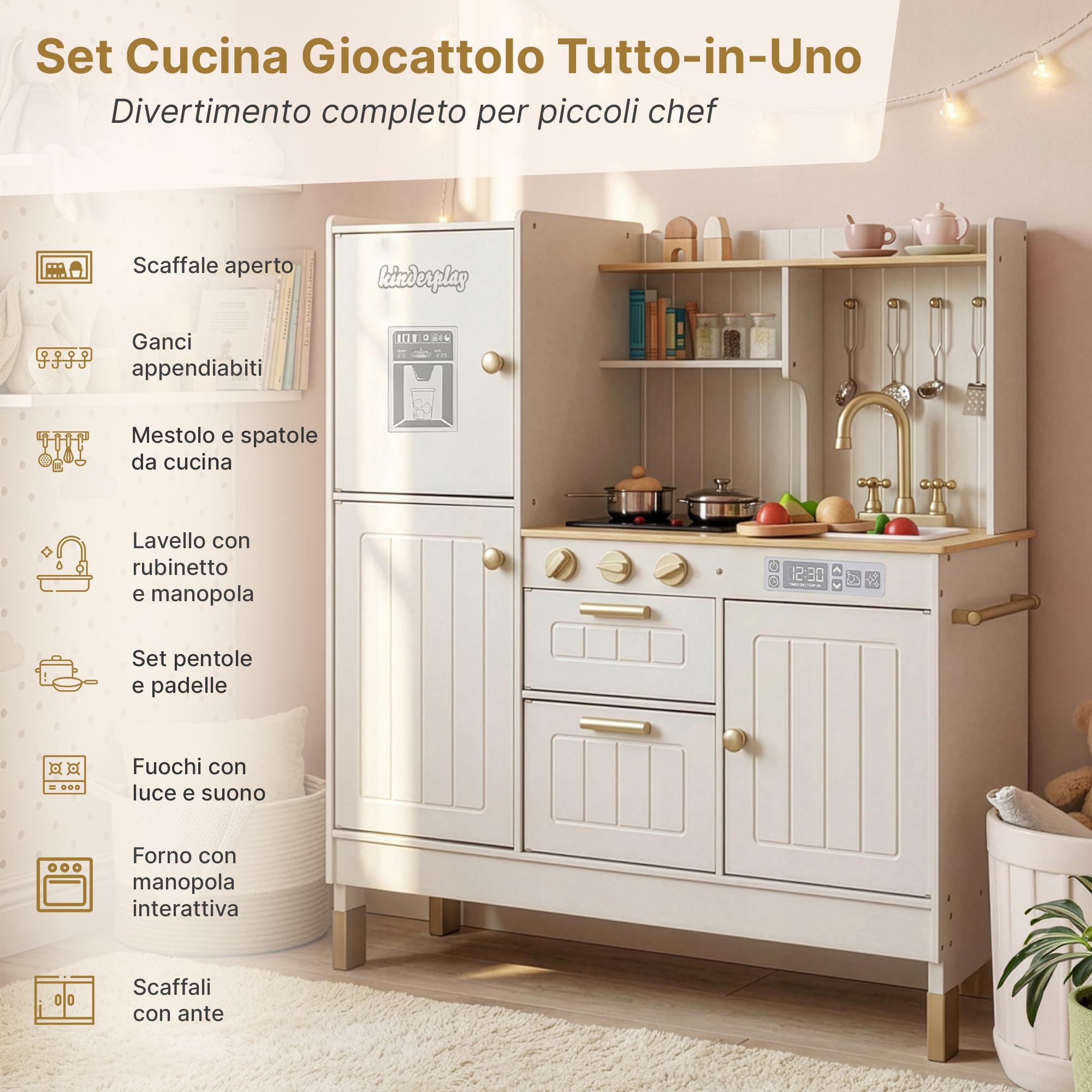 Kinderplay Grande Cucina per bambini in legno con luce e suono, con accessori, lavello, fornello e forno, per giochi di ruolo realistici