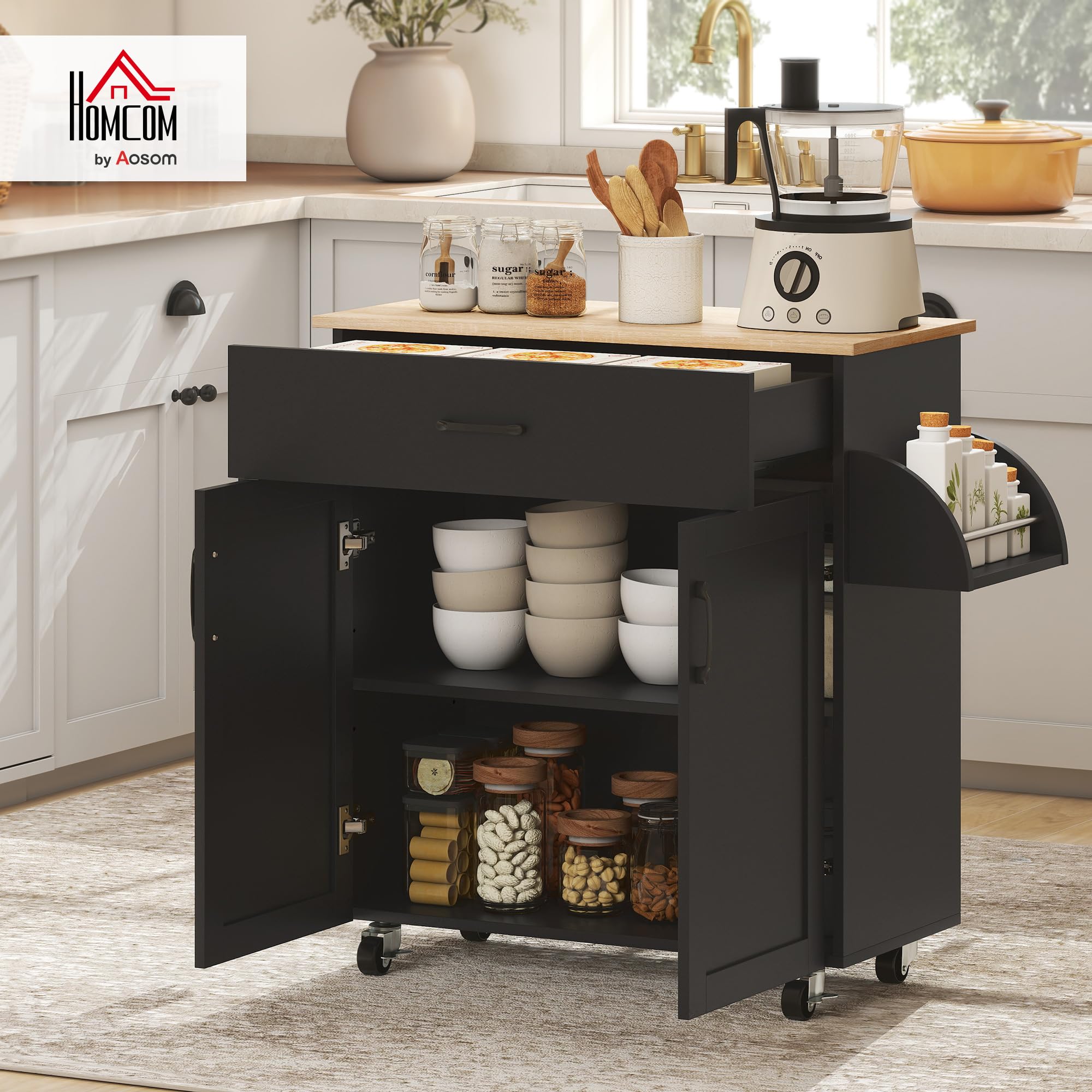 HOMCOM Isola Cucina con Contenitore 1 Cassetto 2 Ante Nero