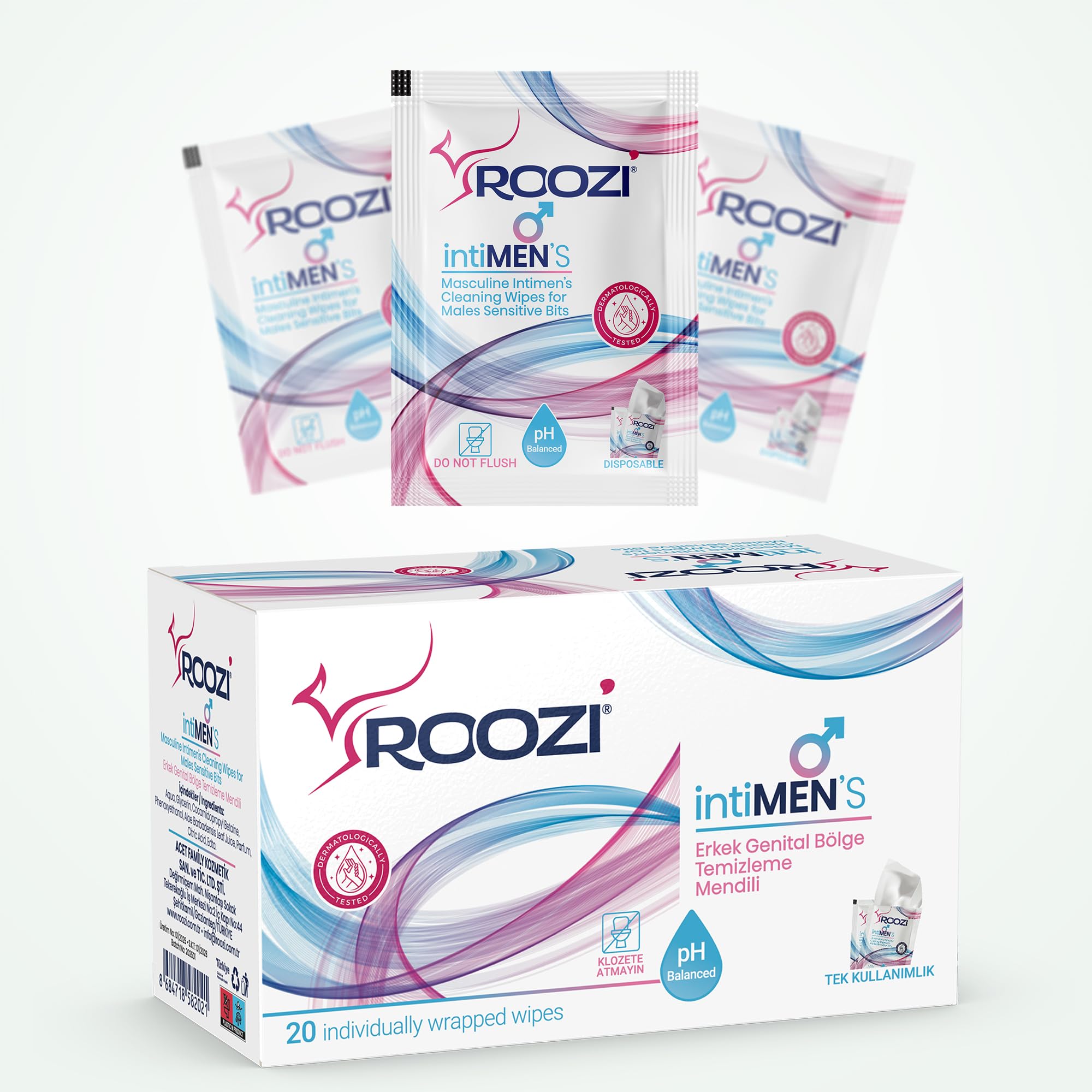 Roozi intiMEN’S – Erkekler İçin Özel Bölge Temizlik Mendilleri, Aloe Vera Konforu, Koku Giderici, Nemlendirici & Nem Desteği Sağlayan, pH Dengeli – 20’li Ayrı Paketlenmiş Mendil