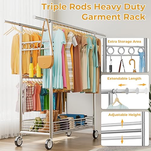 Miniatura 6 de Perchero resistente con carga de 960 libras, tres barras de ropa rodantes para colgar ropa, perchero rodante con ruedas resistentes, estantes