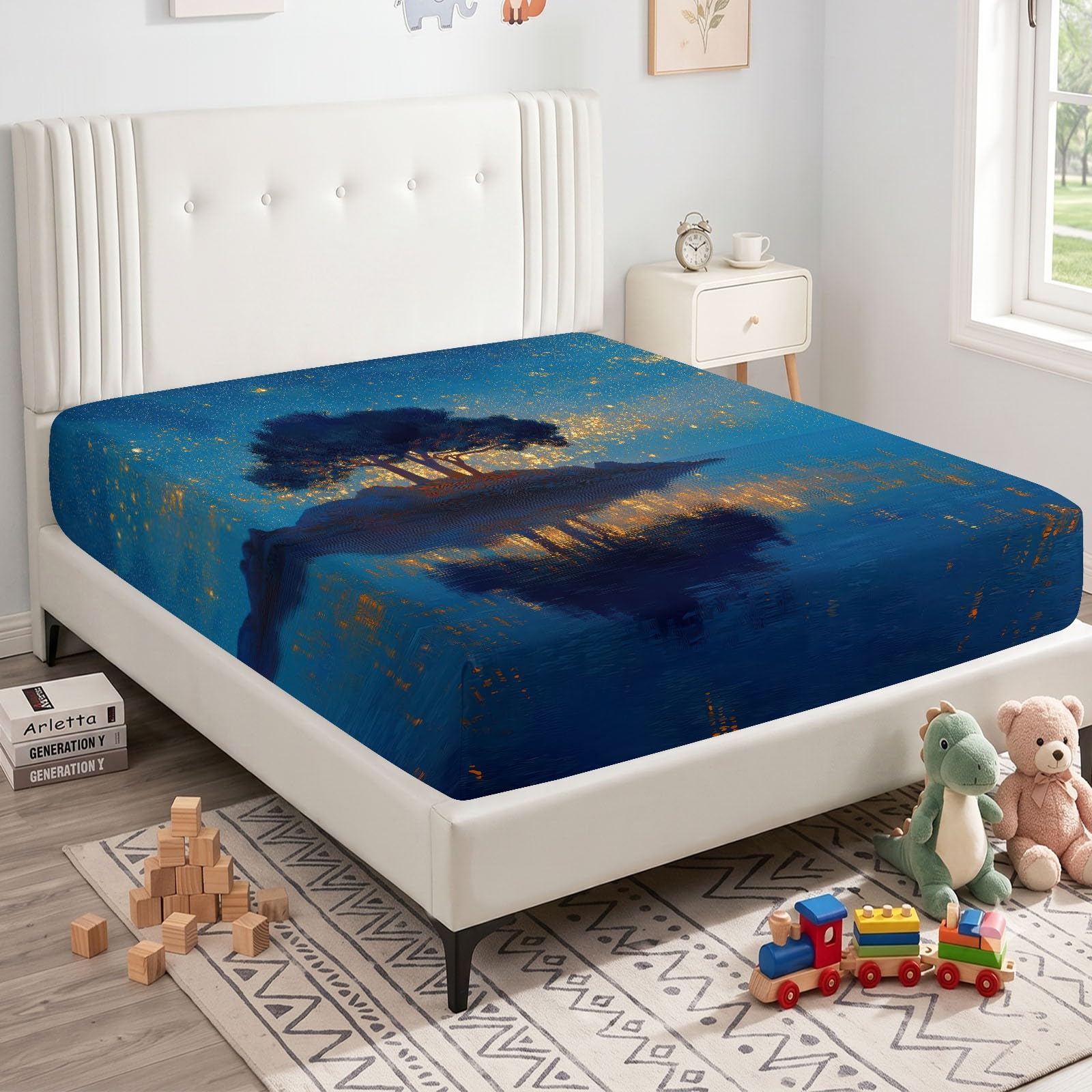 Impresionista Fantasy Sábana bajera ajustable de 200 x 200 cm, diseño de árbol, cielo estrellado, lago, efecto espejo, color azul, 3 piezas, microfibra suave, hasta colchones de 30 cm de altura