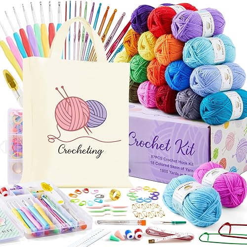 INSCRAFT Crochet Kit for Beginners Adults, 18 Large Acrylic Yarn Skeins 1800 Yards Yarn, 105 PCS Crochet Kit with Hooks Yarn Set,Includes Canvas Tote Bag, Ideal Starter Pack for Professionals