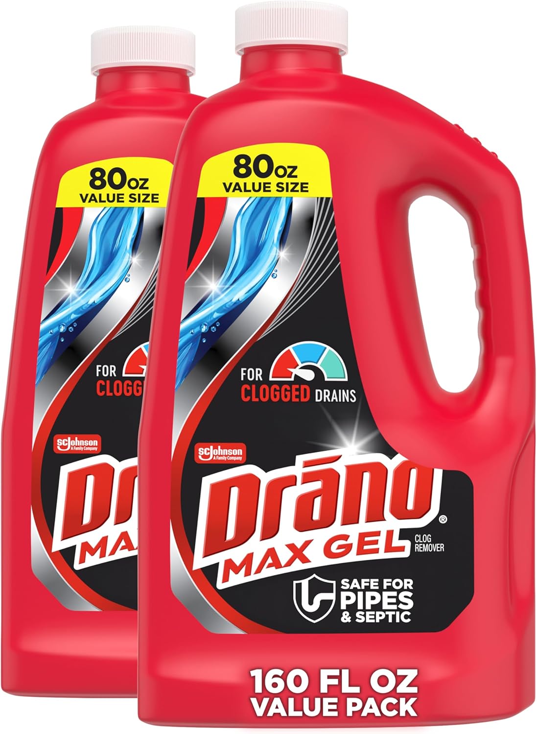 Drano Max Gel Drain Clog Remover 80 Oz 2 Pack - Fast Unclogs Kitchen Sinks, Showers, Hair & Grease, Safe for Pipes & Septic