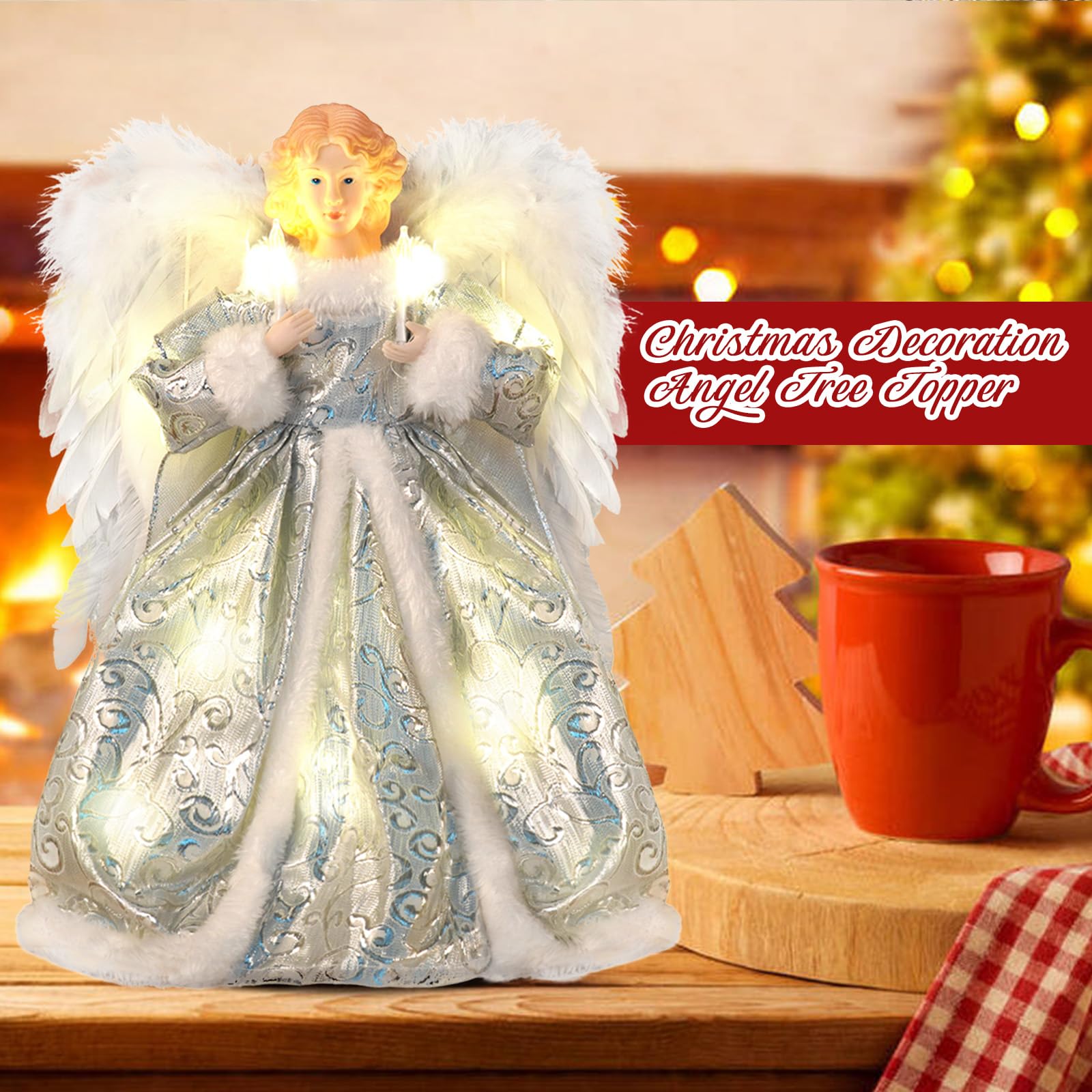 Decoración de ángel para árbol de Navidad, adorable decoración de árboles de Navidad con luz LED con alas, decoraciones navideñas, invierno