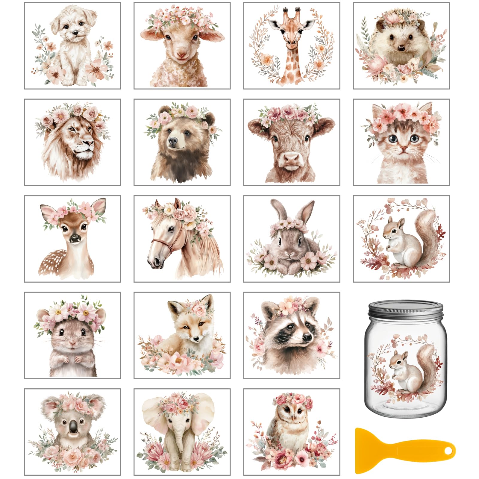 GLOBLELAND 18 Sheets Vintage Animals Rub on Transfers for Vase Crafts 3.9x3.6inch Colorful Flowers UV DTF Cup Wraps Decals Forest Animals Transfer Stickers for Furniture Glass Bottle Decorations