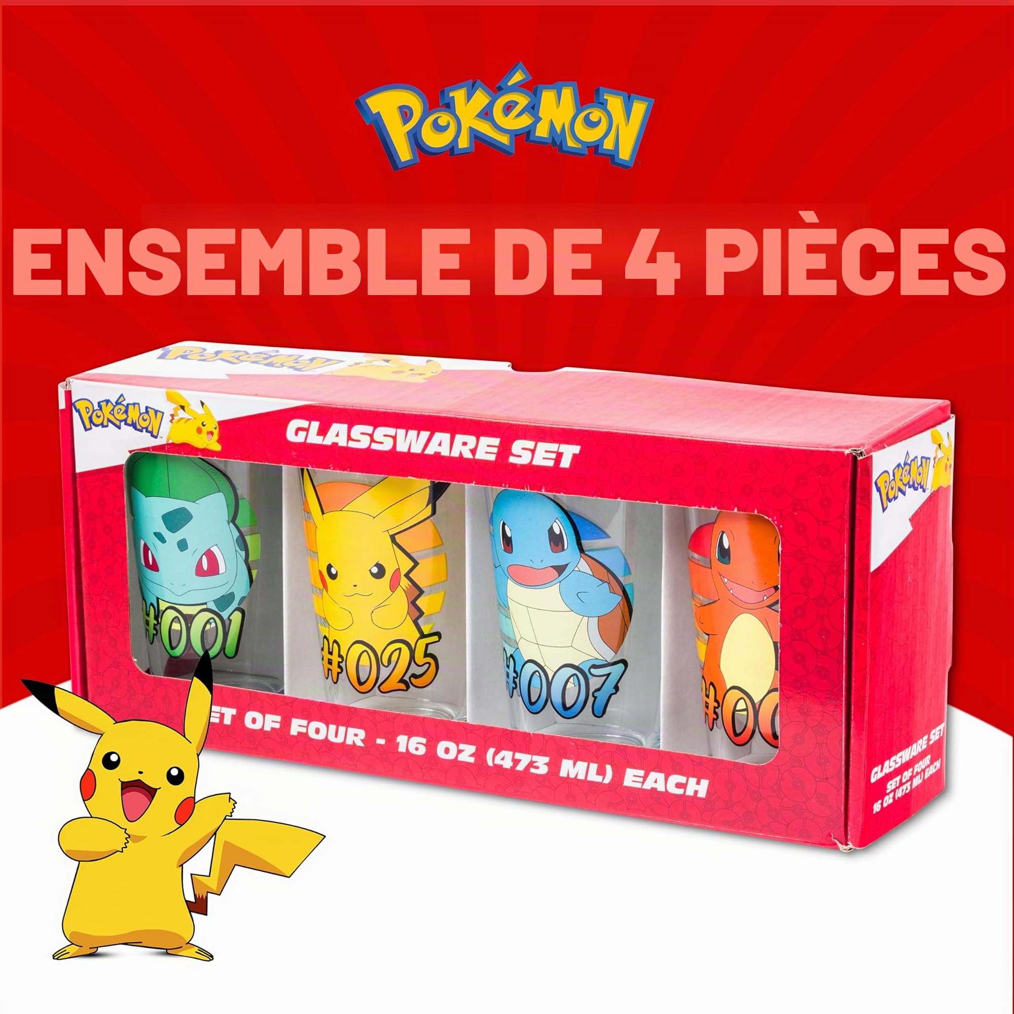 Silver Buffalo Pokémon Original Starters Lot de 4 verres à bière Charmander, Squirtle, Bulbasaure et Pikachu 473 ml