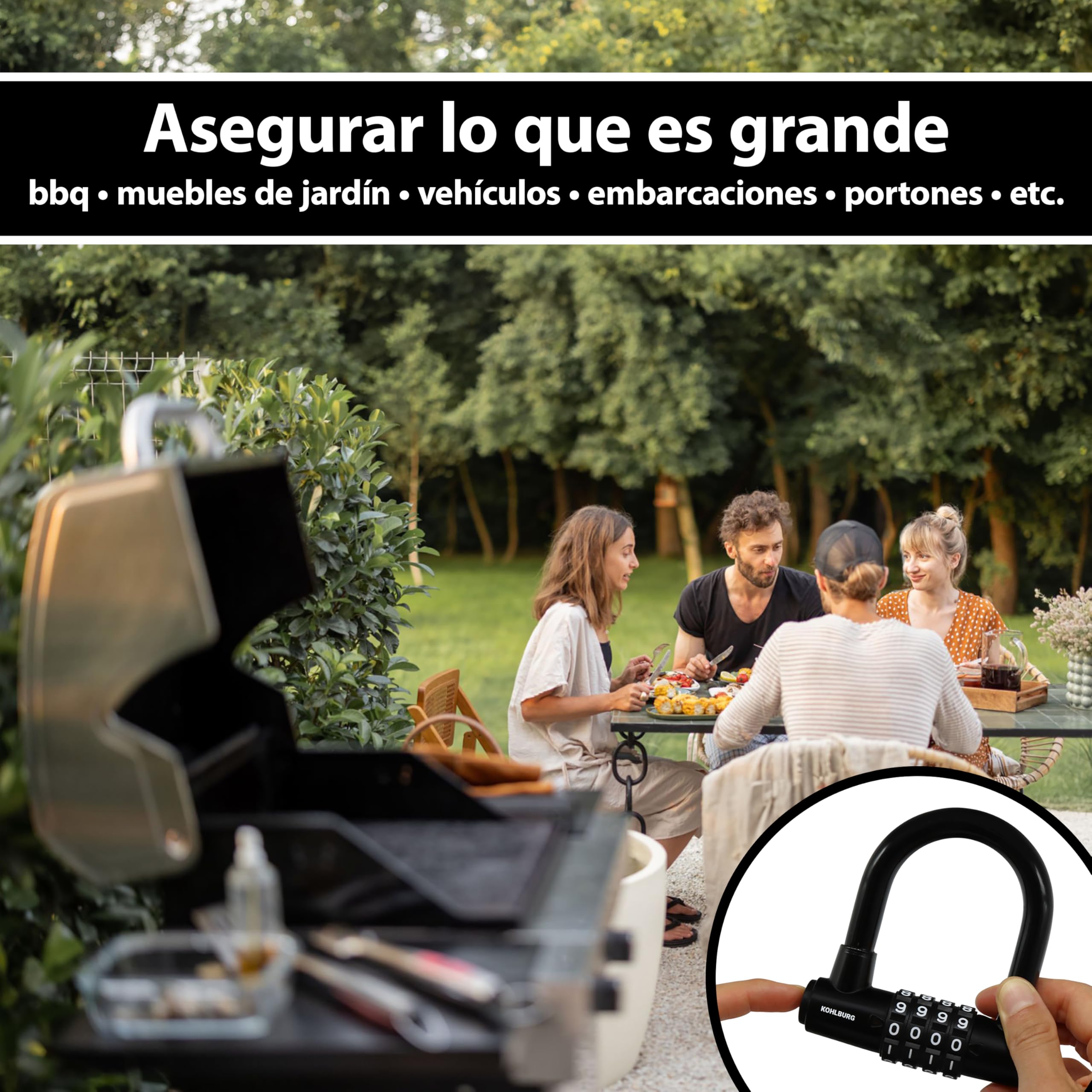 KOHLBURG Candado de cable con combinación [10 metros de largo] – Cable de acero de 10m revestido, con correas y candado de combinación – para varias bicis, embarcaciones, muebles de jardín