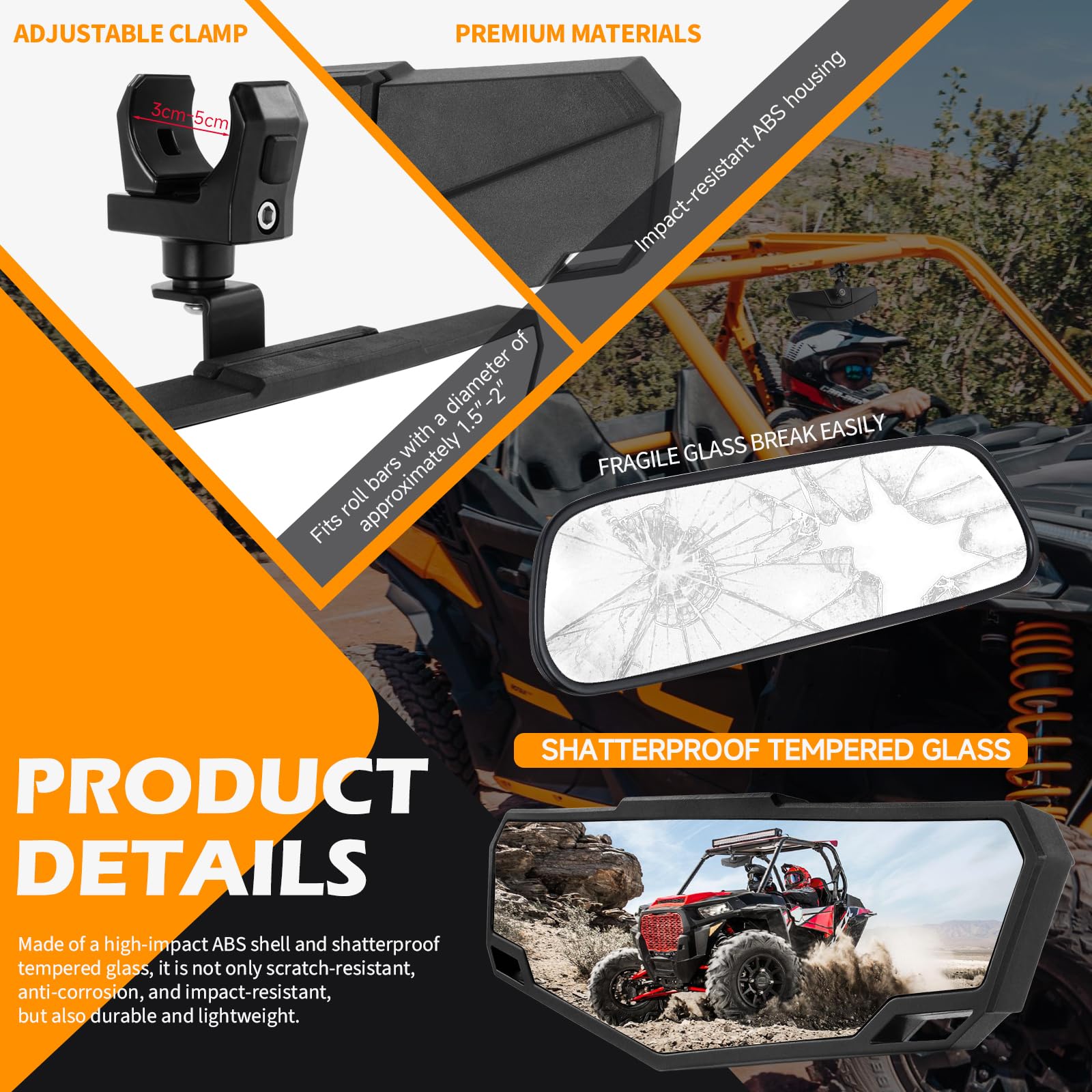 UTV - Specchietto retrovisore convesso centrale per gabbia roll bar da 4,4 a 5,1 cm, compatibile con Polaris RZR Turbo, Kawasaki Mule, Teryx, Honda Pioneer, Can am Maverick X3