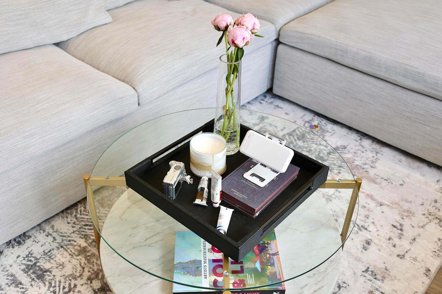 Sagala 16"x16" Serving Tray with Black Handle, Faux Shagreen Leather Square Decorative Tray for Coffee Table Modern Home Living Room (Black-Black, Square 16") image 2