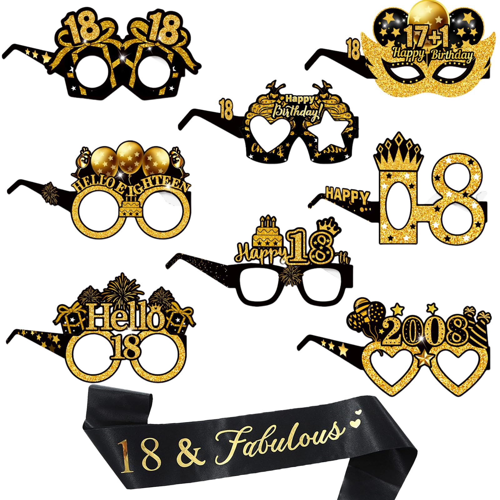 18th Birthday Party Glasses, 16PCS Party Eyeglasses+1 Sash Black, 18th Birthday Decorations Supplies Photo Booth Props for Men & Women