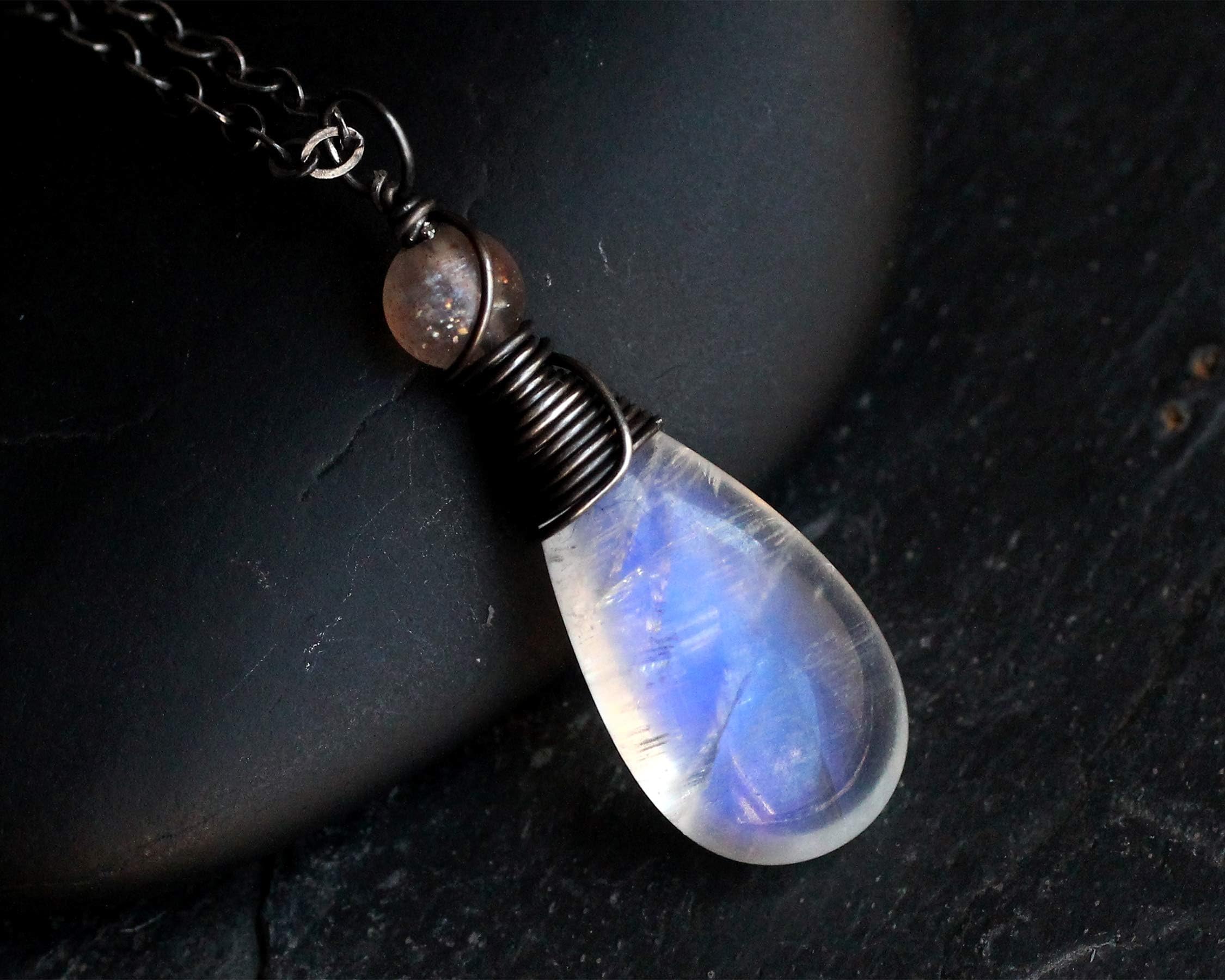 Moonstone Necklace, Sunstone Necklace, Moonstone Pendant, Rainbow Moonstone Jewelry, Oxidized Sterling Silver, Handmade, CircesHouse,"Sunfire"