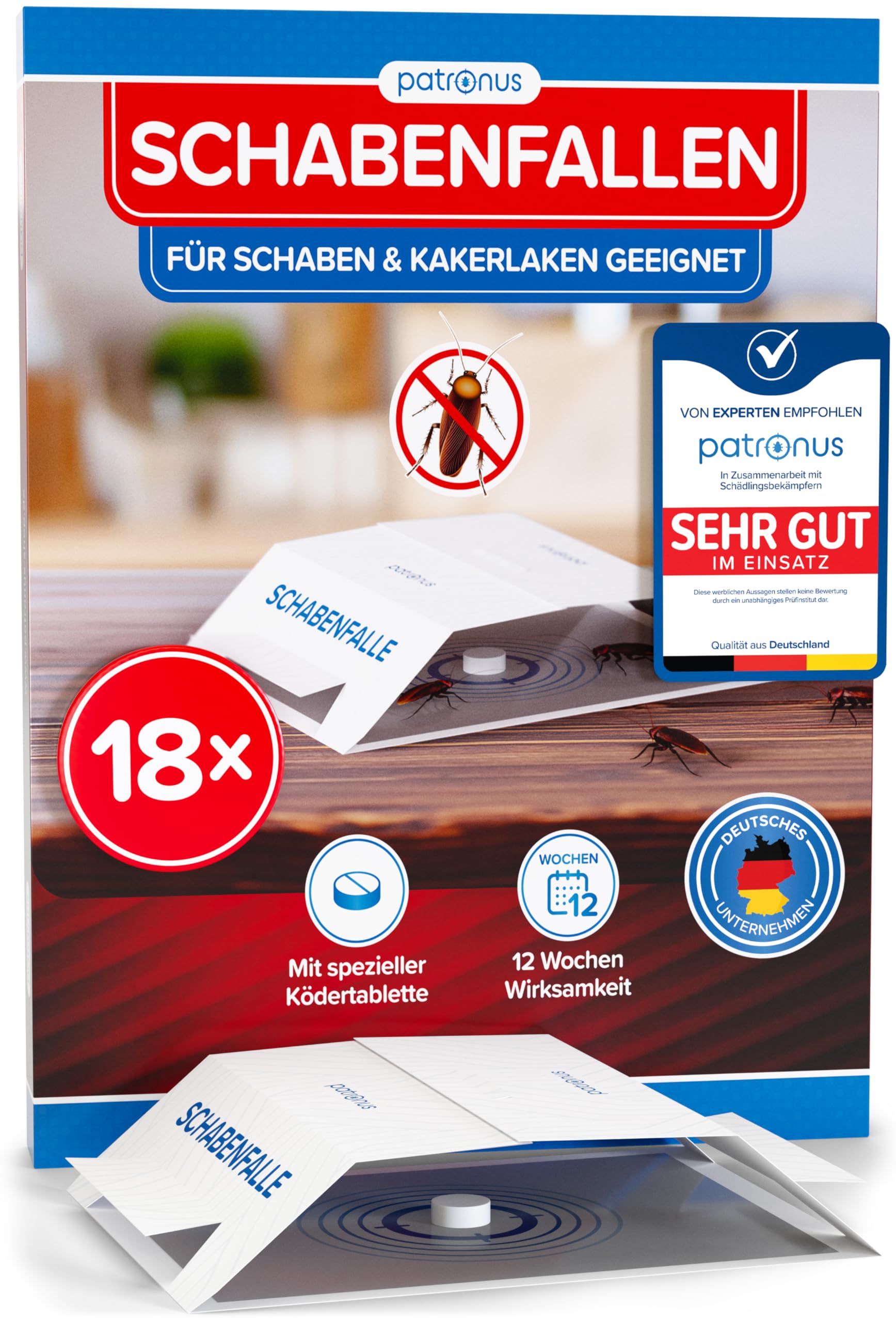 Patronus Schabenfalle [18 Stück] mit effektiven & giftfreien Ködertabletten, Starke Monitoring-Klebefalle, Kakerlakenfalle zur Befallsermittlung von Küchen-Schaben & Kakerlaken in Allen Wohnräumen