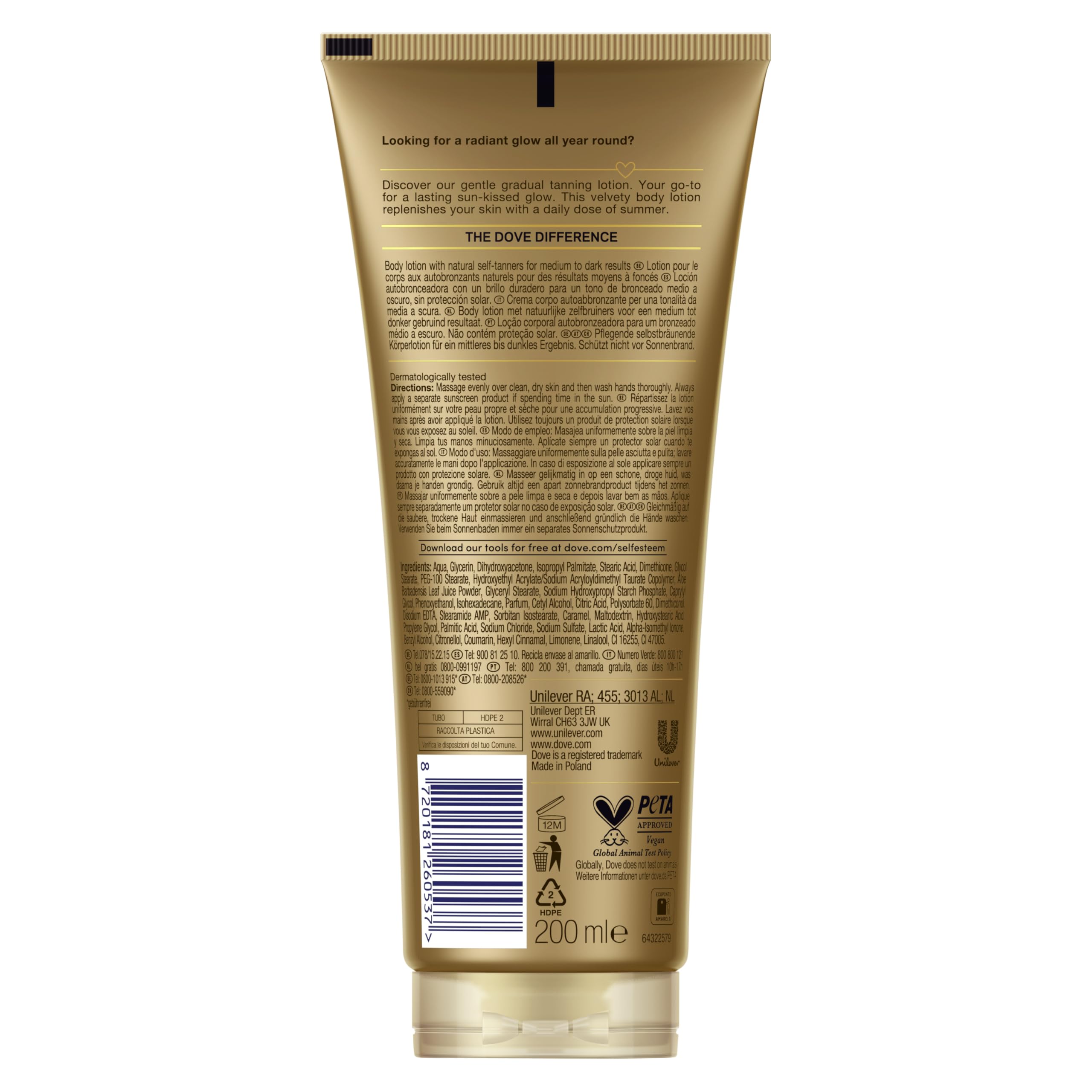 Dove Lotion Corporelle Autobronzante Summer Revived, Peaux Claires et Moyennes, Bronzage Progressif, Finition Naturelle, Peau Lumineuse, 72H d'Hydratation, Extrait d'Aloe Vera et Glycérine, 2x 200ml