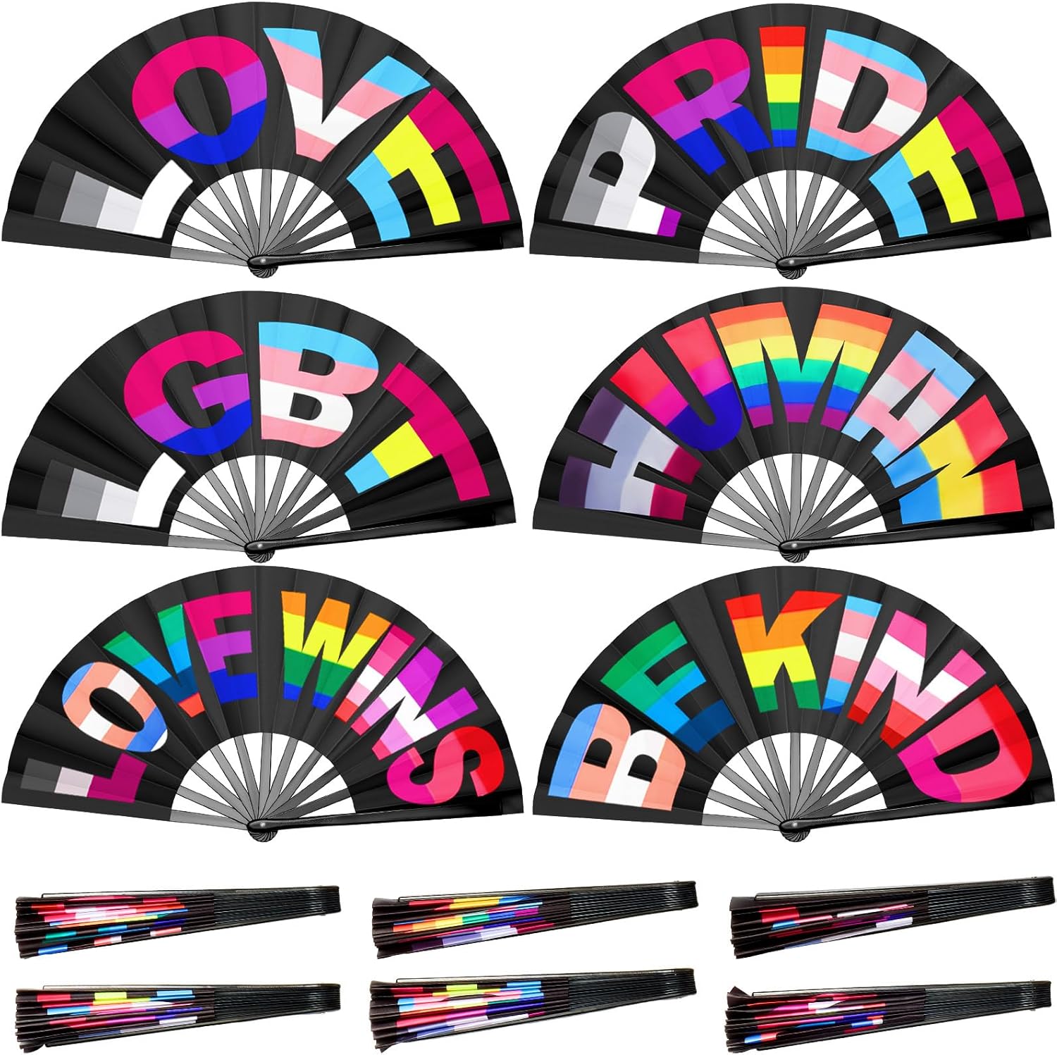 12 Pcs Large Pride Rainbow Hand Rave Fan Colorful Gay Hand Stuff Pride Accessories Foldable Rave Fan for LGBTQIA+ Women Men for Parade Rainbow Wedding Party Decors (Classic Style)