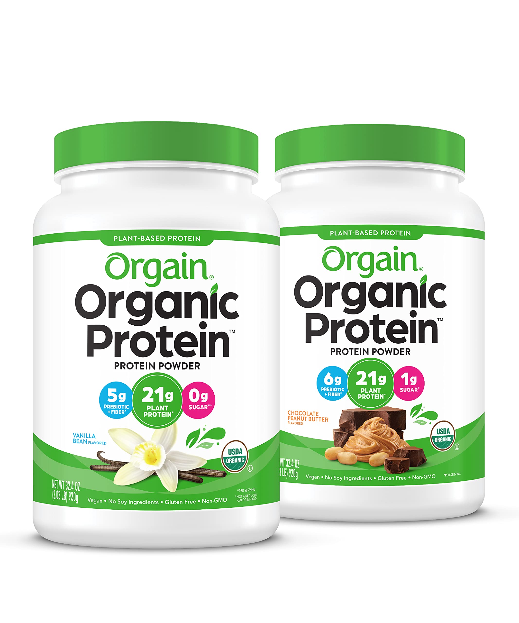 Orgain Organic Vegan Protein Powder, Chocolate Peanut Butter (21g Protein) and Vanilla Bean (21g Protein) - Plant Based, Gluten Free, Non-GMO - 4.06 Lbs Total V