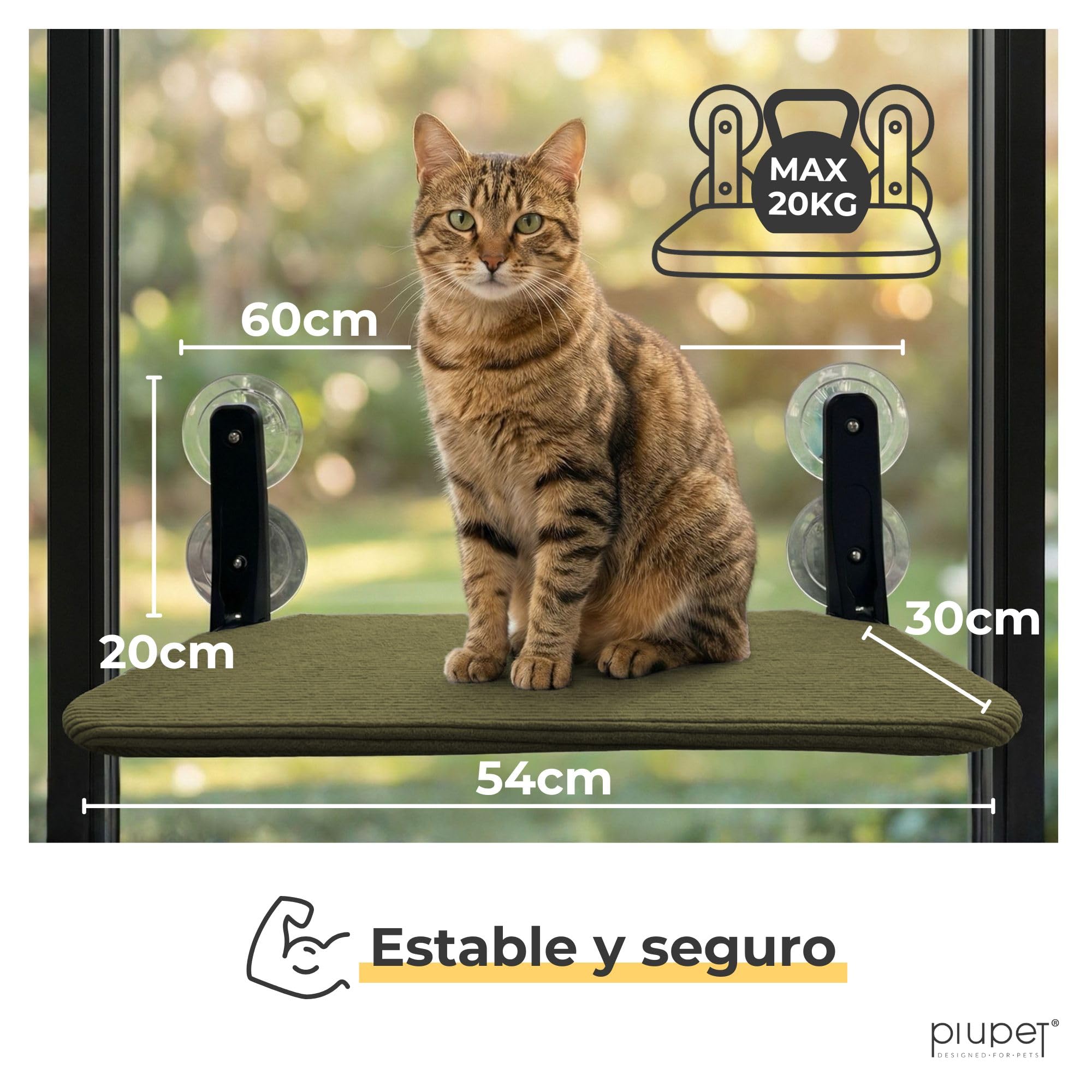 PiuPet® Hamaca gato ventana - Cama colgante para gatos con ventosas fuertes y marco de acero I Hamaca plegable y reversible 2 en 1 para verano e invierno I Cama gato grande hasta 20 kg (verde, grande)