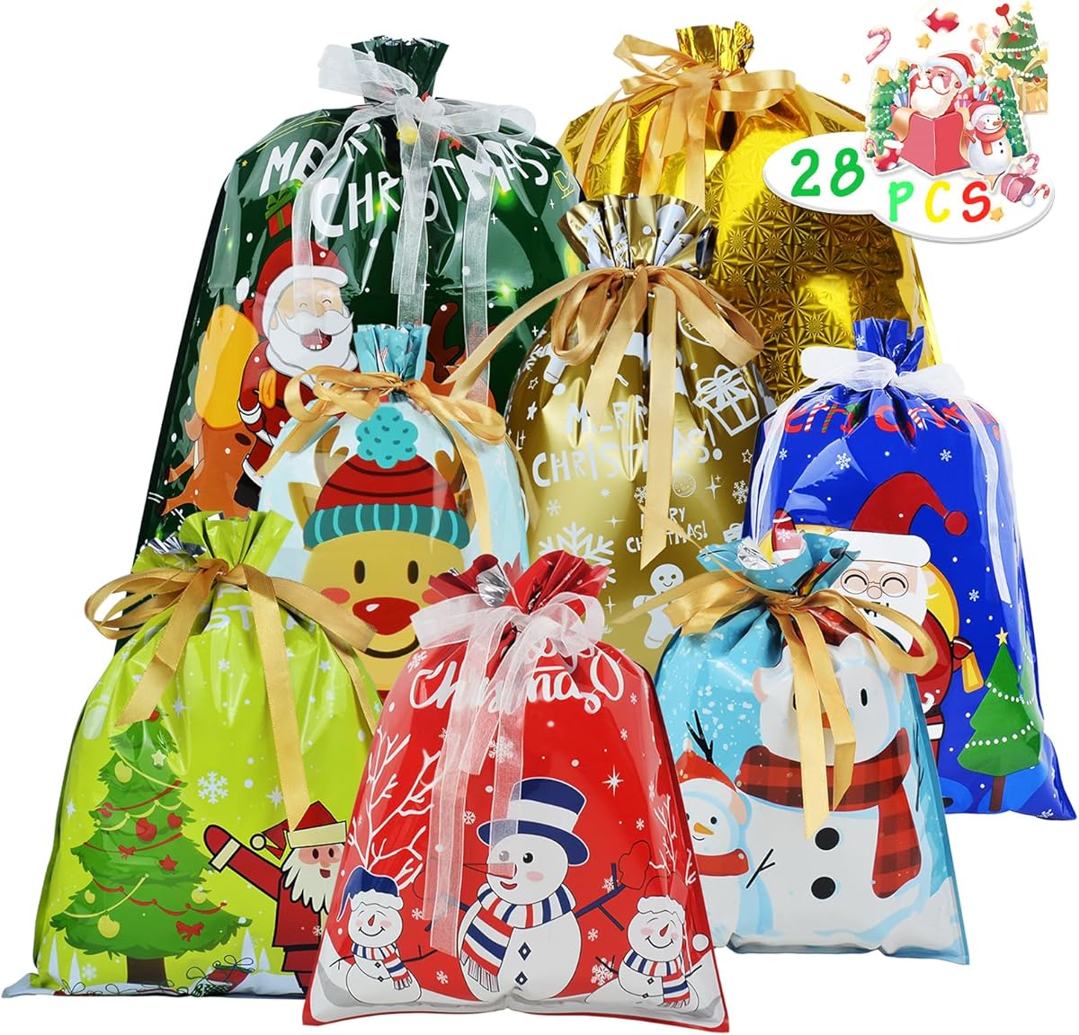OILCUP Christmas Drawstring Gift Bags, 28pcs Assorted Sizes Santa Wrapping Bag with Ribbon Tie in 4 Sizes and 8 Designs for Xmas Holiday Presents Party Favor Goody Bags Jumbo/Extra Large/Medium/Small
