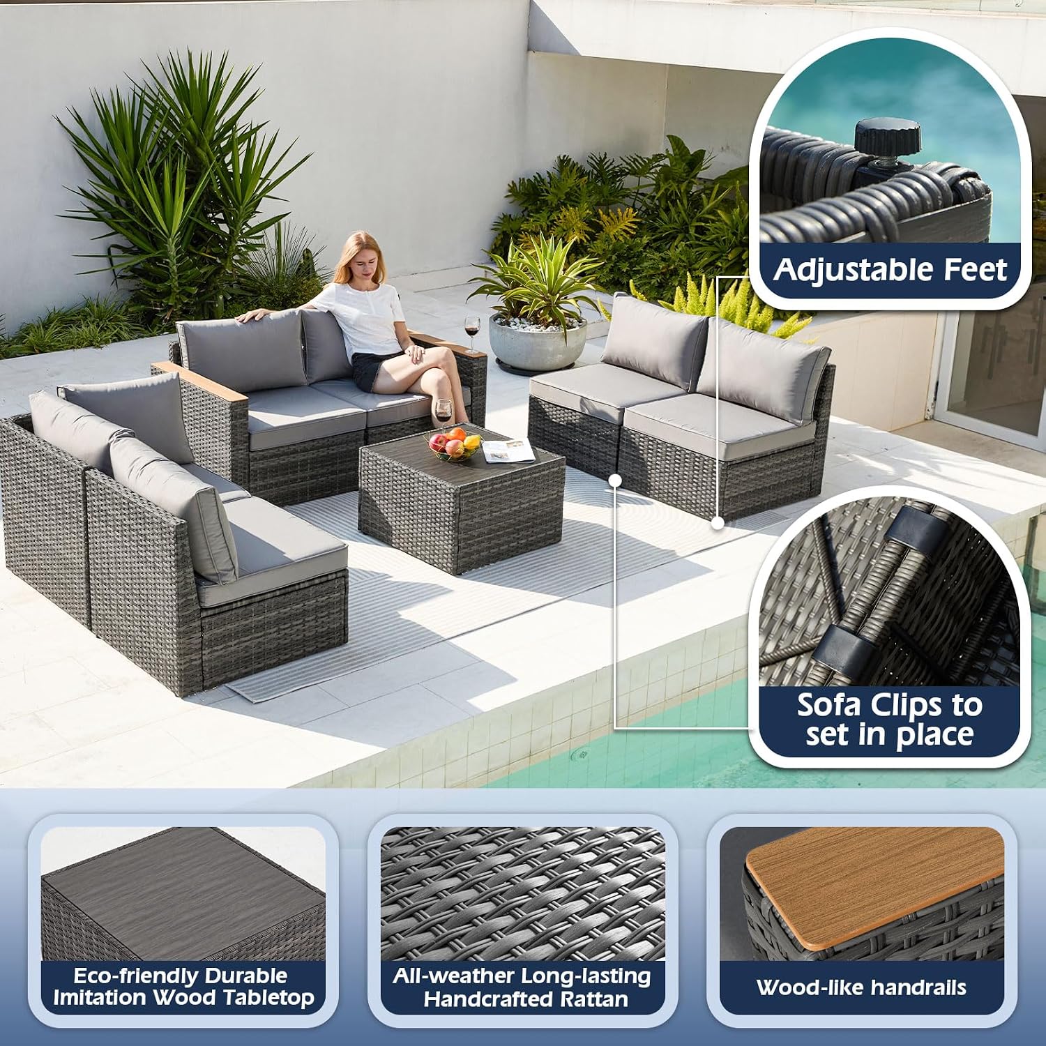 7 Pieces Patio Furniture Set Metal Outdoor Conversation Set with Table & Thick Cushions Sectional Sofa Seating Set for Backyard Porch Poolside Garden