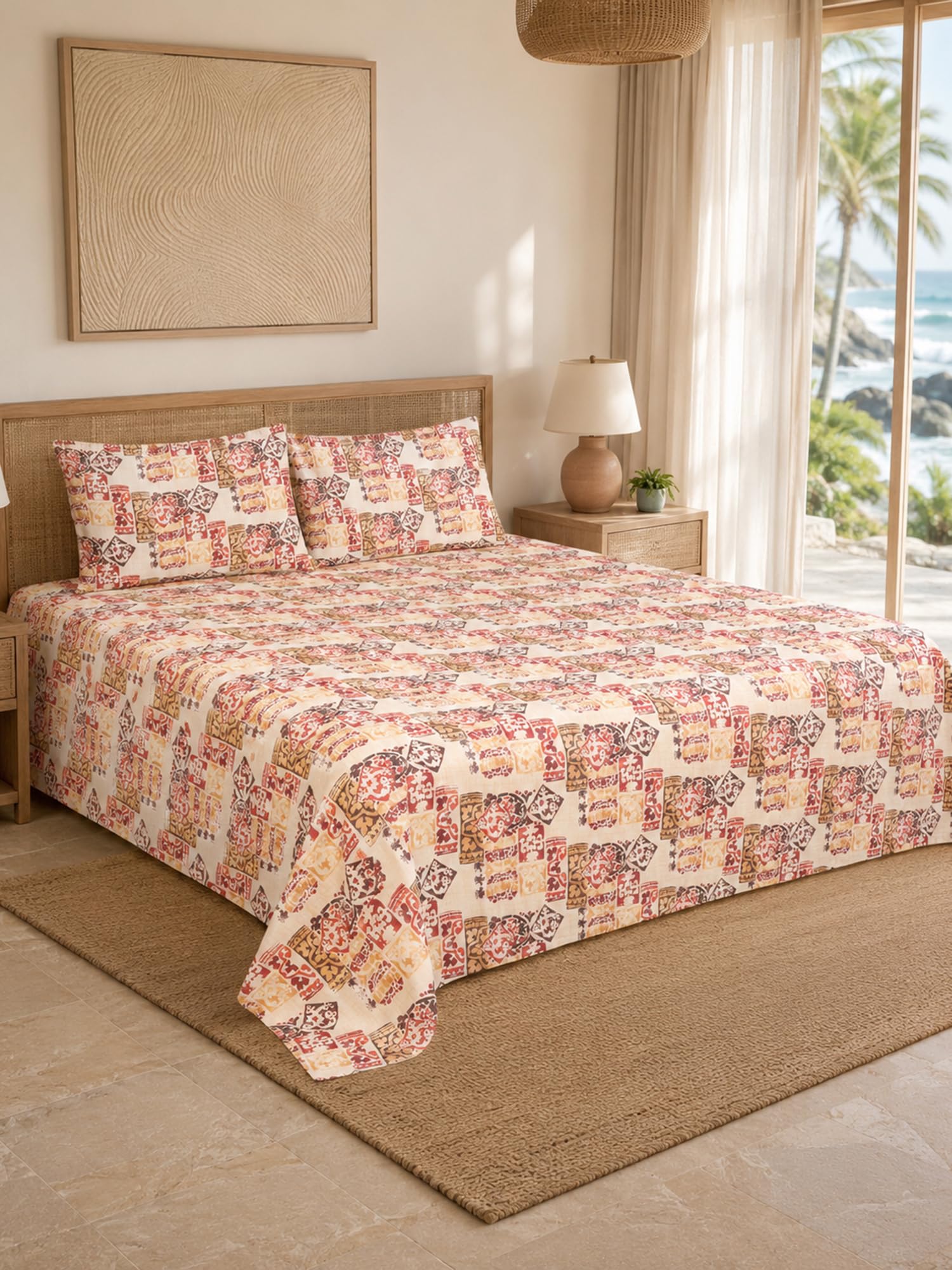 Restore Hibiscus-Bohemian Heritage Collection Queen Size Bedsheet with 2 Pillow Covers, 100% Cotton, Brown-Square Print, 224 x 254 cm, Soft Breathable Bedding for Home & Hotel-image-14