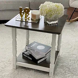 DWVO Farmhouse Square Coffee Table, Antique Accent Side Table with Floor Shelf, 23.6"x 23.6" Living Room Furniture, Vintage Ivory & White