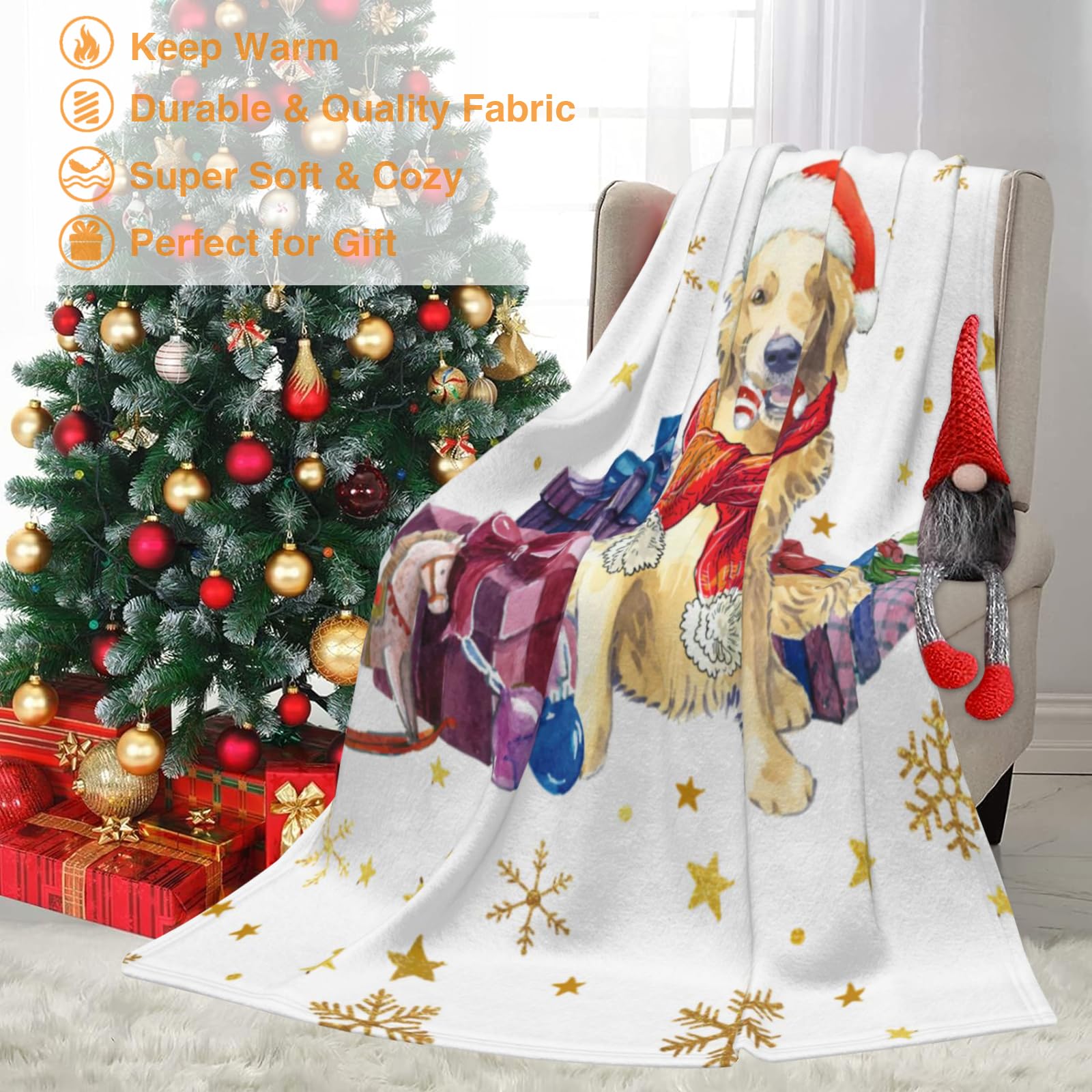 JOOCAR Christmas Golden Retriever Throw Blanket Funny Dog Blanket Winter Festival Gift Cozy Soft Lightweight Flannel Plush Blankets for Bed Couch Living Room Sofa Chair,50x60 Inch - Image 3