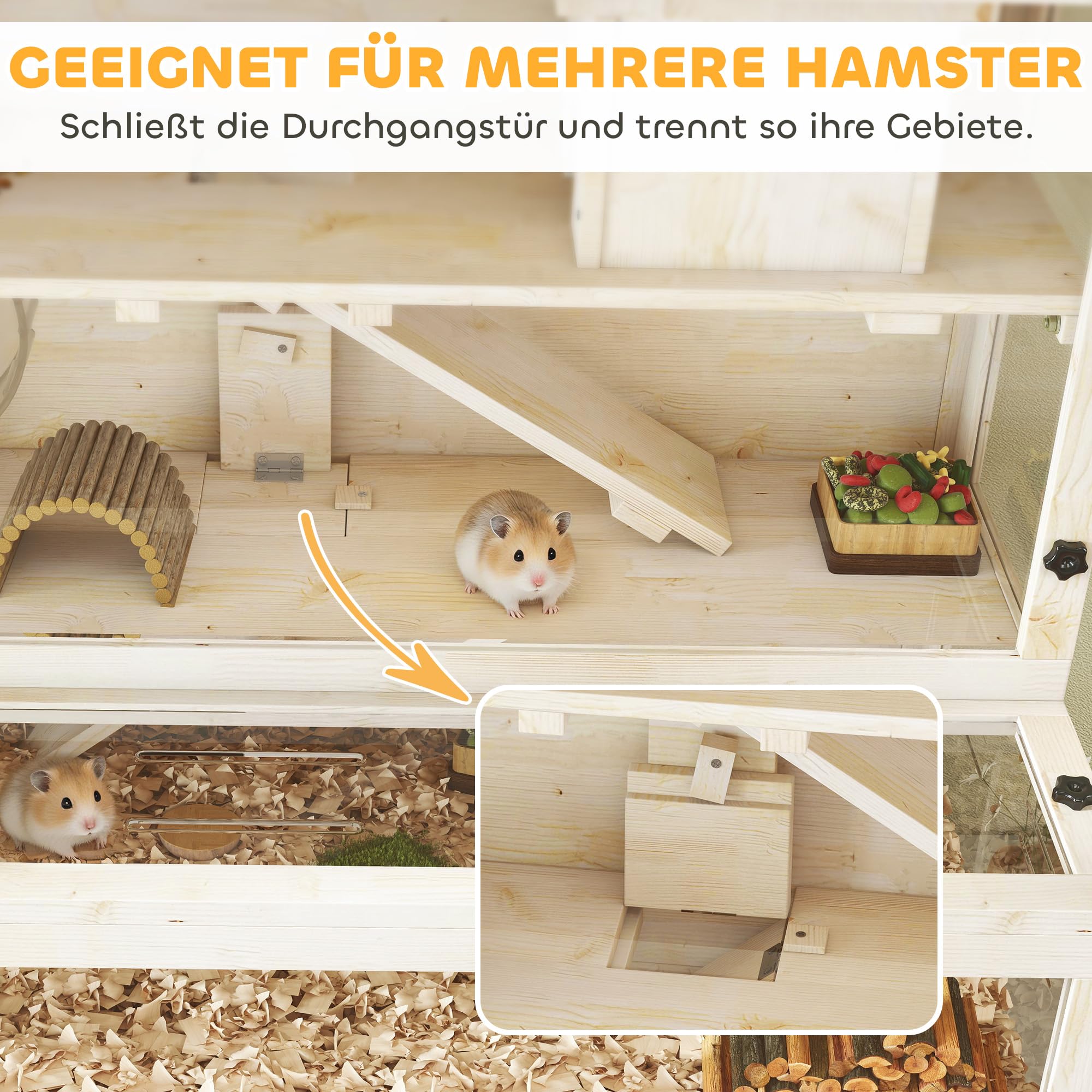 PawHut Hamsterkäfig aus Holz 100 x 50 x 84 cm Nagerkäfig 3 Etagen Kleintierkäfig mit Sichtfenster, Laufrad, Rampe, Häuschen, Mäusekäfig Käfig für Zwerghamster Naturholz
