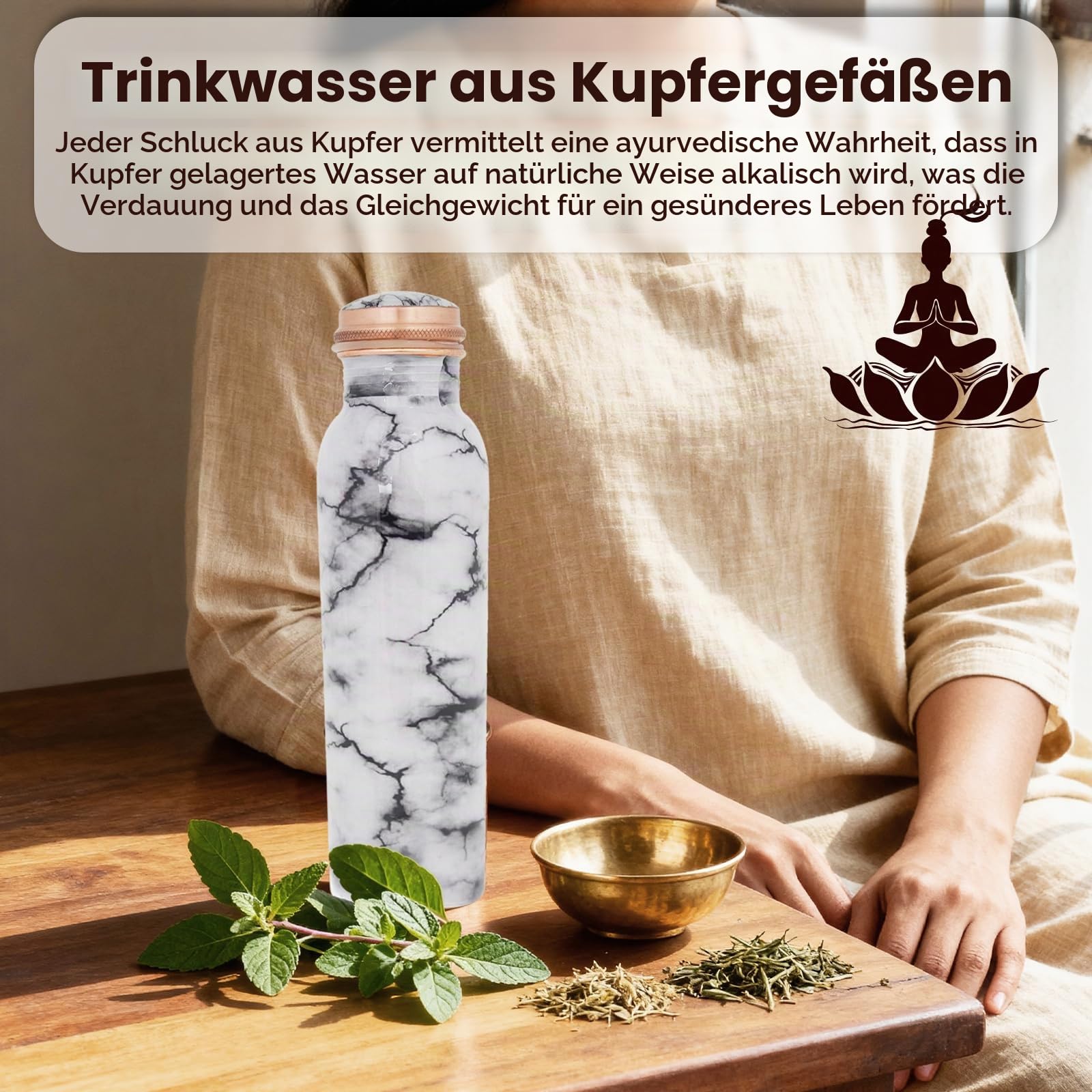 Craft Trade Trinkwasserflasche Kupfer Trinkflasche Rein Weiß Flasche Wasserflasche mit Deckel und Tragetasche 34oz/1000 ml Auslaufsicheres Ayurveda Kupferflasche für Büro und Yoga- 2