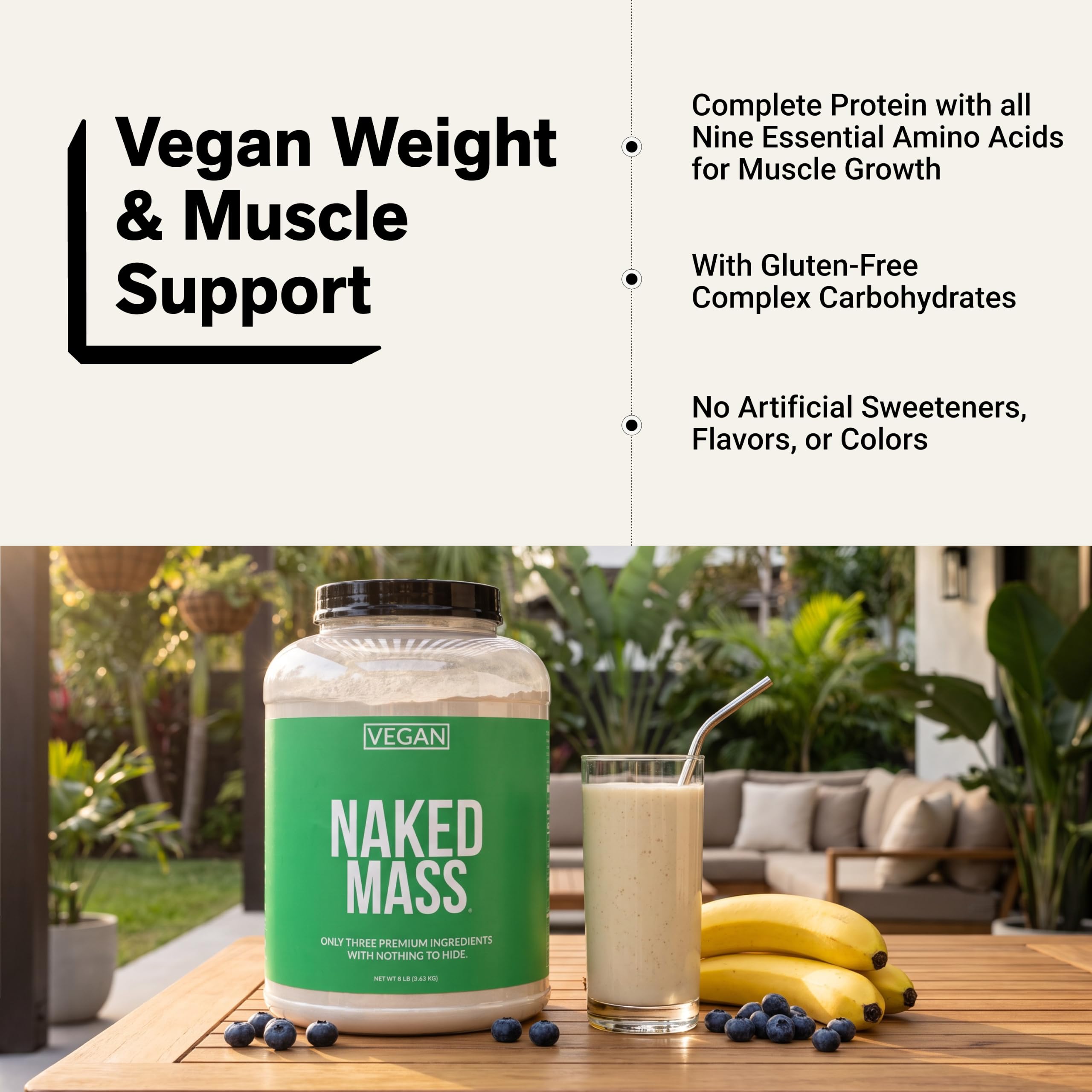 NAKED Vegan Mass - Natural Vegan Weight Gainer Protein Powder - 1,230 Calories, NSF Certified, Non-GMO, Soy & Gluten Free, No Artificial Ingredients - 8LB Bulk - 11 Servings — Amazon image 6