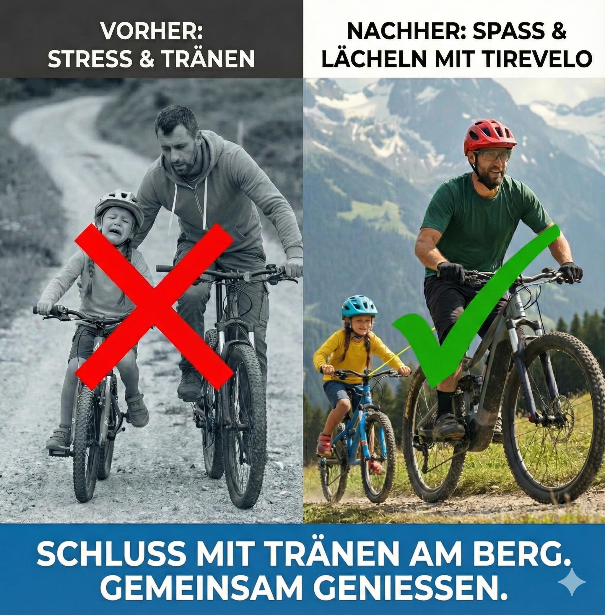 TIRE VELO – Fahrrad Abschleppseil für Kinder & Erwachsene – Elastisches Zugsystem für MTB & E-Bikes – Ruckfreies Anfahren, Schnelle Montage an Sattel & Vorbau – Max 90kg