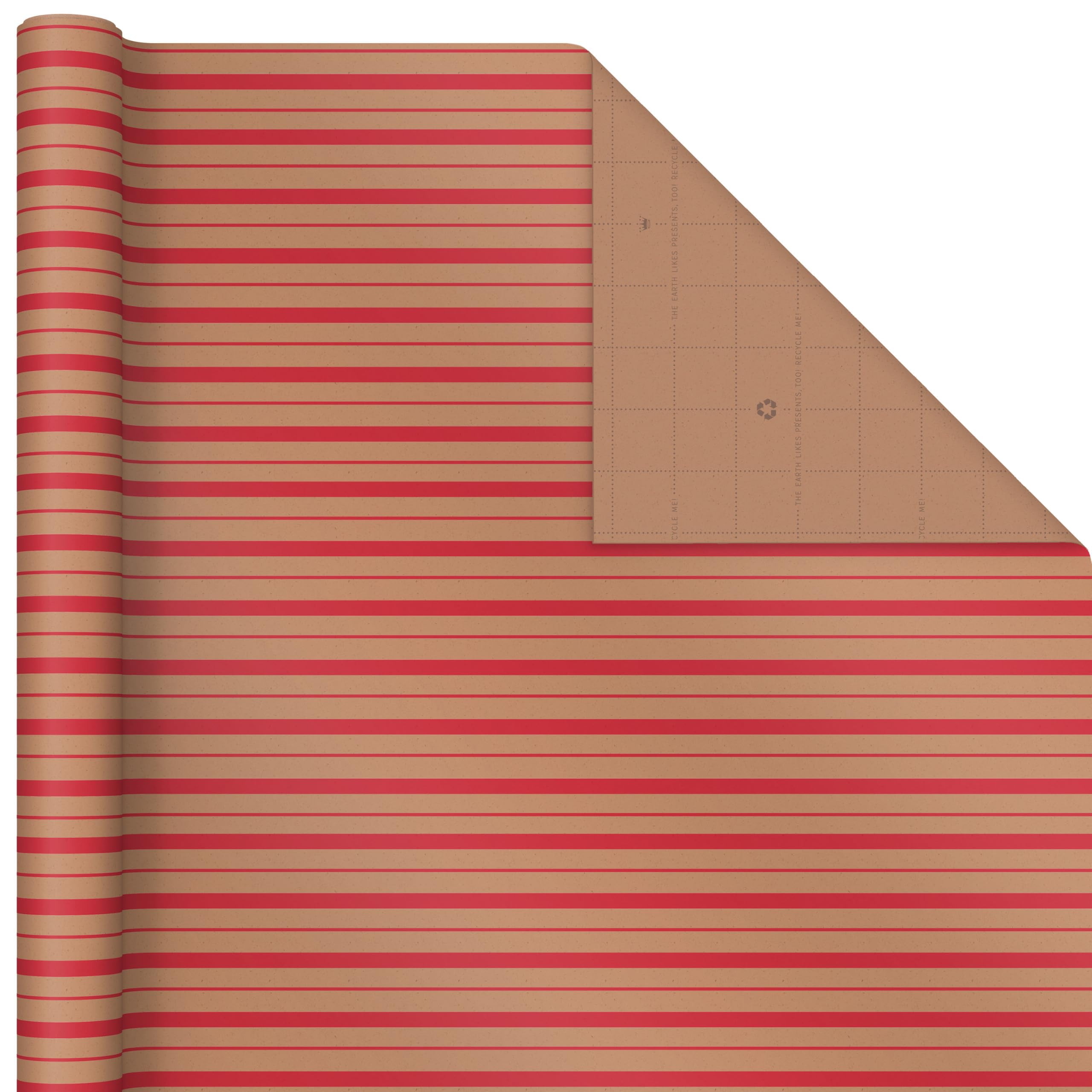 Hallmark Lot de 3 rouleaux de papier cadeau de Noël recyclable avec lignes de coupe au verso (90 m²) Marron avec Père Noël, arbres verts, rayures rouges