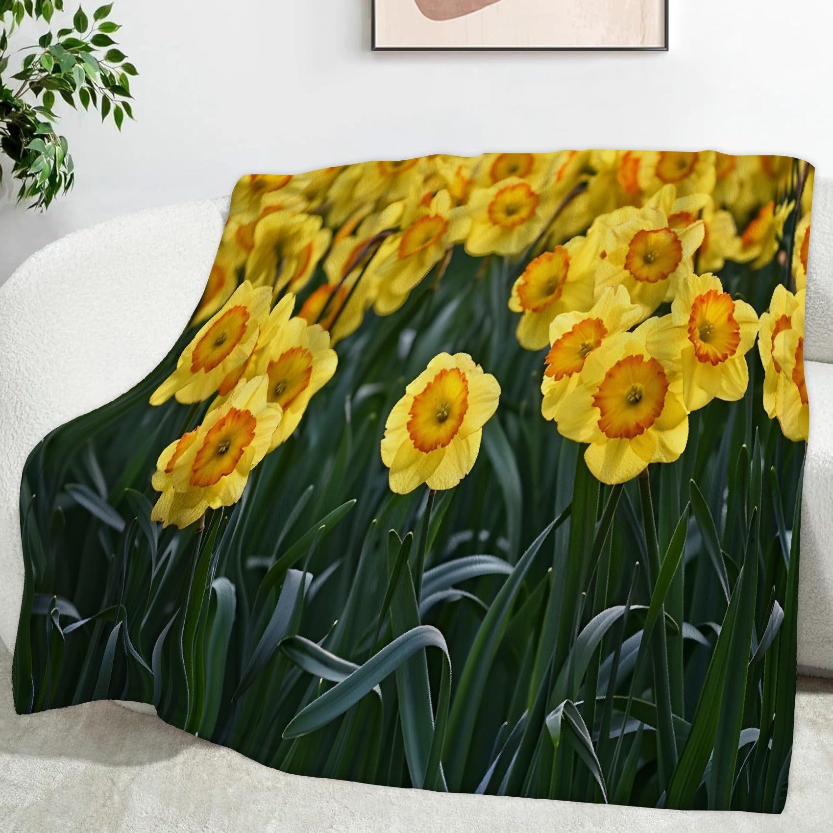 Ypthriline Yellow Narcissus Blanket, Spring Sea of Flowers Microfiber Flannel Throw Blanket, Comfortable Soft Fluffy and Warm, Blankets for Beds, Sofas and Recliners, 130×150 CM