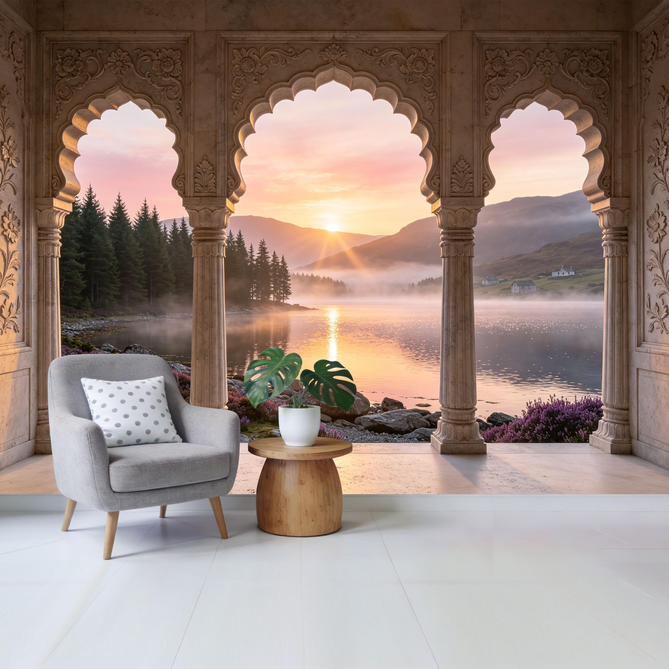 Custom Size Wall Mural Sunrise Lake View Through Archway Landscape Removable Self Adhesive Fabric Home Wall Decor for Living Room Bedroom Bathroom